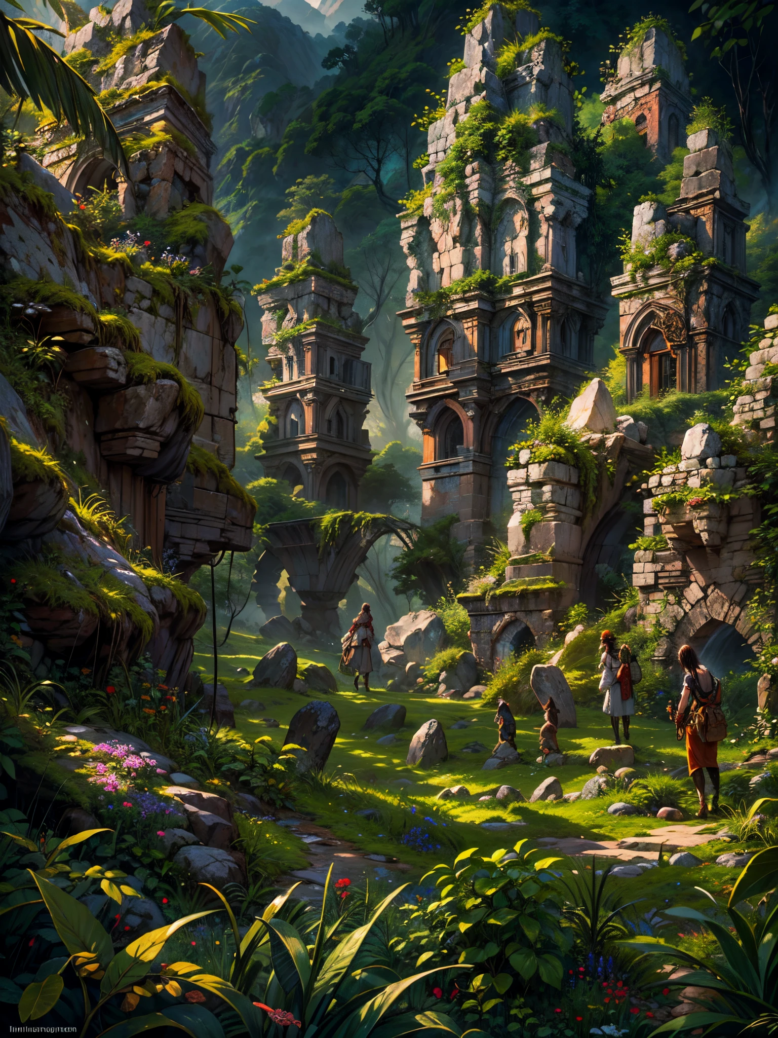 (best quality,highres,masterpiece:1.2),detailed turkey,tropical jungle of stone spikes,richly textured feathers,curious expressions,wild,complex ecosystem,lush green foliage,ancient stone formations,harsh,unforgiving environment,mysterious atmosphere,lively,active subjects,harmonious interaction,clashing textures,contrast between soft and hard,ethereal lighting,epic landscape,mesmerizing colors,dramatic composition,artistic portrayal.