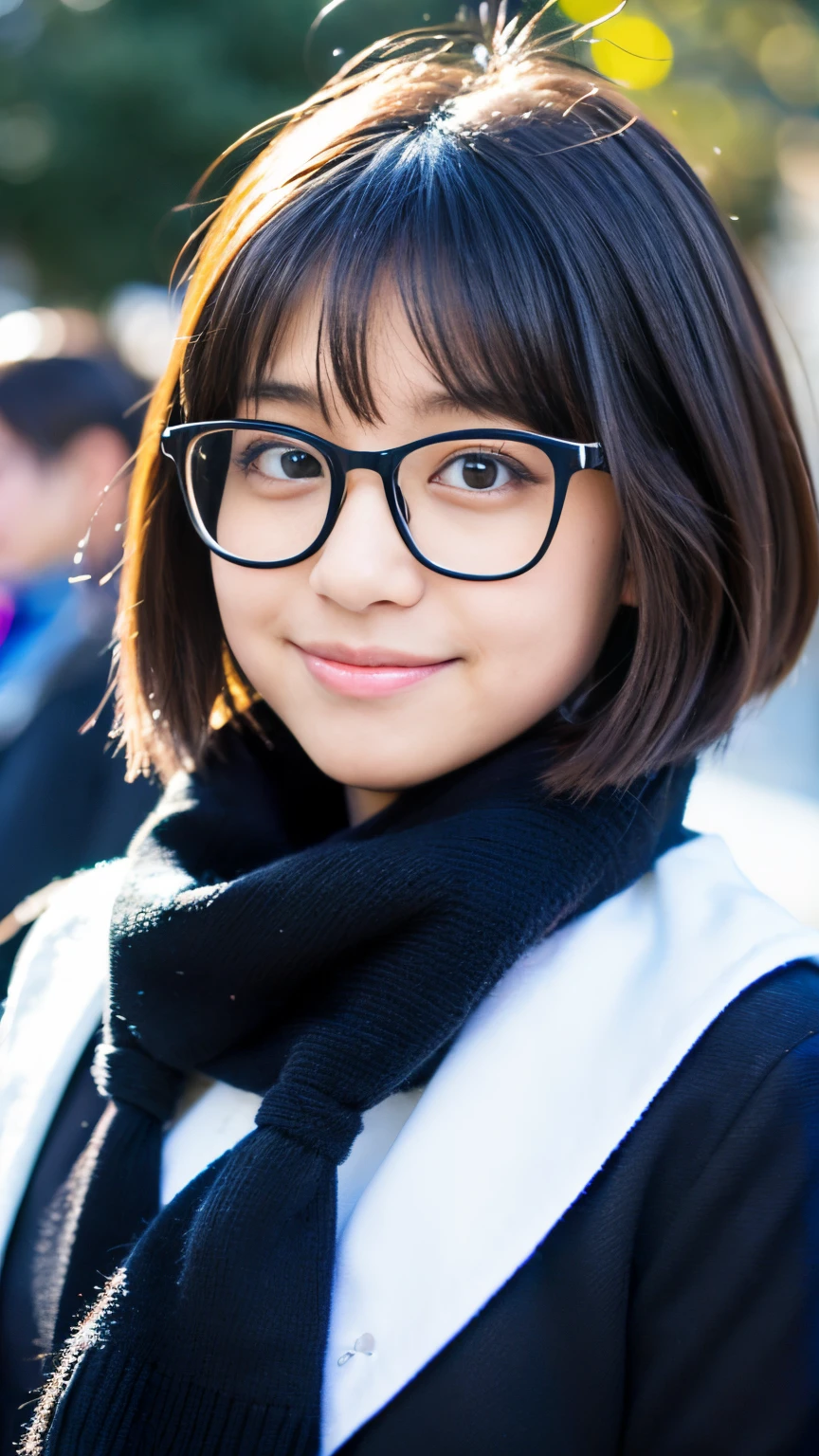 Best-quality, Masterpiece, Ultra-High-Resolution, (Photorealistic:1.4), Raw-Photo, Extremely-Details, Perfect-Anatomy, 

in winter schoolyard, 

1girl, 15-years-old, the most popular Japanese idol, (wearing Japanese high-school winter uniform, muffler with cute design, glasses with cute design), face focus, portrait, grinning, looking at viewer, extremely cute face like a most famous Japanese idol, extremely beautiful big black solid eyes, extremely beautiful black short-cut-haired, extremely beautiful realistic white skins, extremely beautiful wet lips, 

detailed Japanese high-school winter uniform, detailed muffler with cute design, detailed glasses with cute design