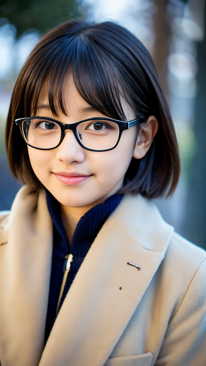 Best-quality, Masterpiece, Ultra-High-Resolution, (Photorealistic:1.4), Raw-Photo, Extremely-Details, Perfect-Anatomy, 

in winter schoolyard, 

1girl, -yeld, thost popular Japanese idol, (wearing Japanese high-school winter uniform, muffler with cute design, glasses with cute design), face focus, portrait, grinning, looking at viewer, extremely cute face like a most famous Japanese idol, extremely beautiful big black solid eyes, extremely beautiful black short-cut-haired, extremely beautiful realistic white skins, extremely beautiful wet lips, 

detailed Japanese high-school winter uniform, detailed muffler with cute design, detailed glasses with cute design