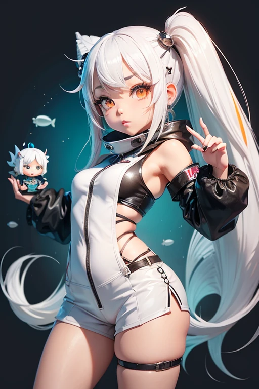 character naughty , ((chibi)) artist , stand front, half twin tail ,white hair, jumpsuit ,cool ,(character design) ,((fish character vtuber)) ,(fish fins)