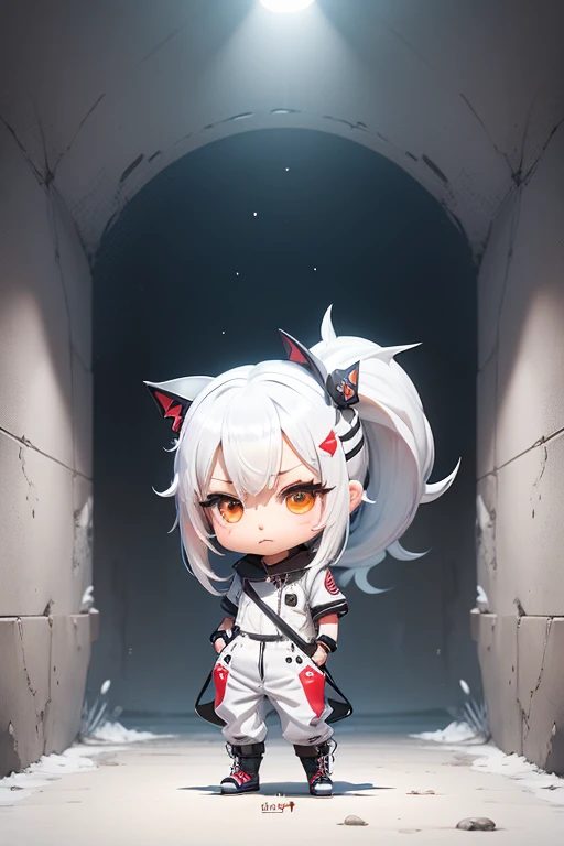 character naughty , ((chibi)) artist , stand front, half twin tail ,white hair, jumpsuit ,cool ,(character design) ,((fish character vtuber)) ,(fish fins)