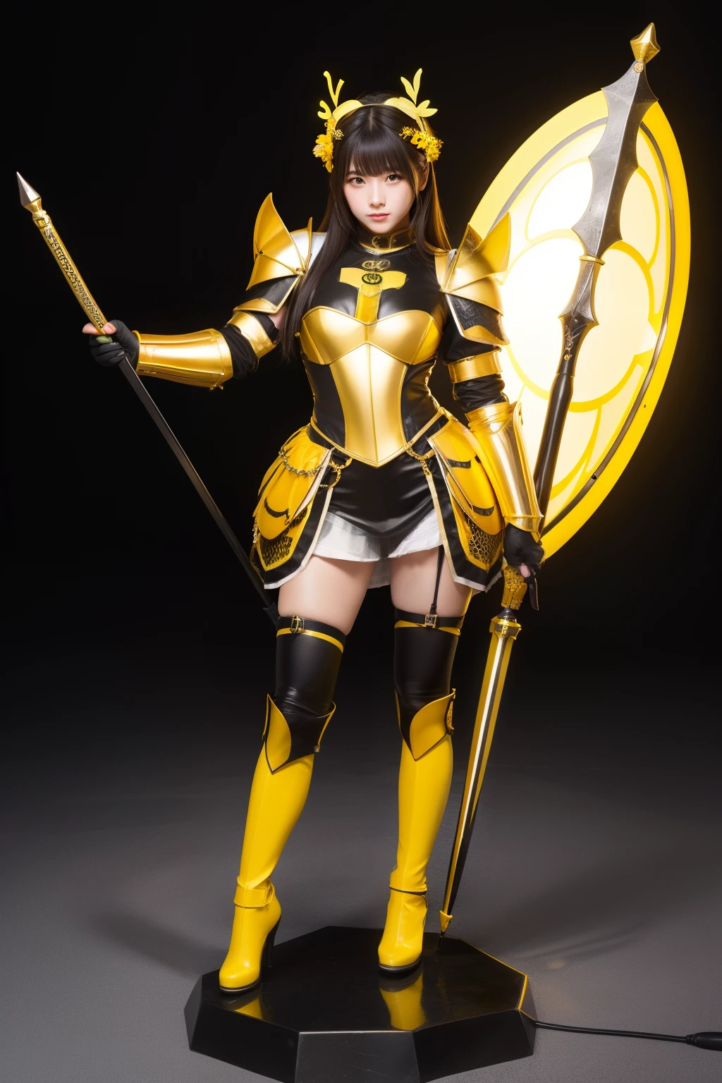 Bee-covered female idol knight、full body Esbian、、Bee-filled knight armor fashion(shiny yellow and black)、Luminescent、With a big spear in hand