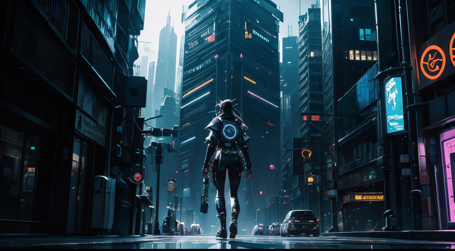 woman、Back view、Neon City、Cyberpunk City, Futuristic, heavy rain, 8K, アニメ壁紙 8K, Absurd, Super sharp, night, street, Japan, Blue atmosphere, raindrop, Rain-soaked body