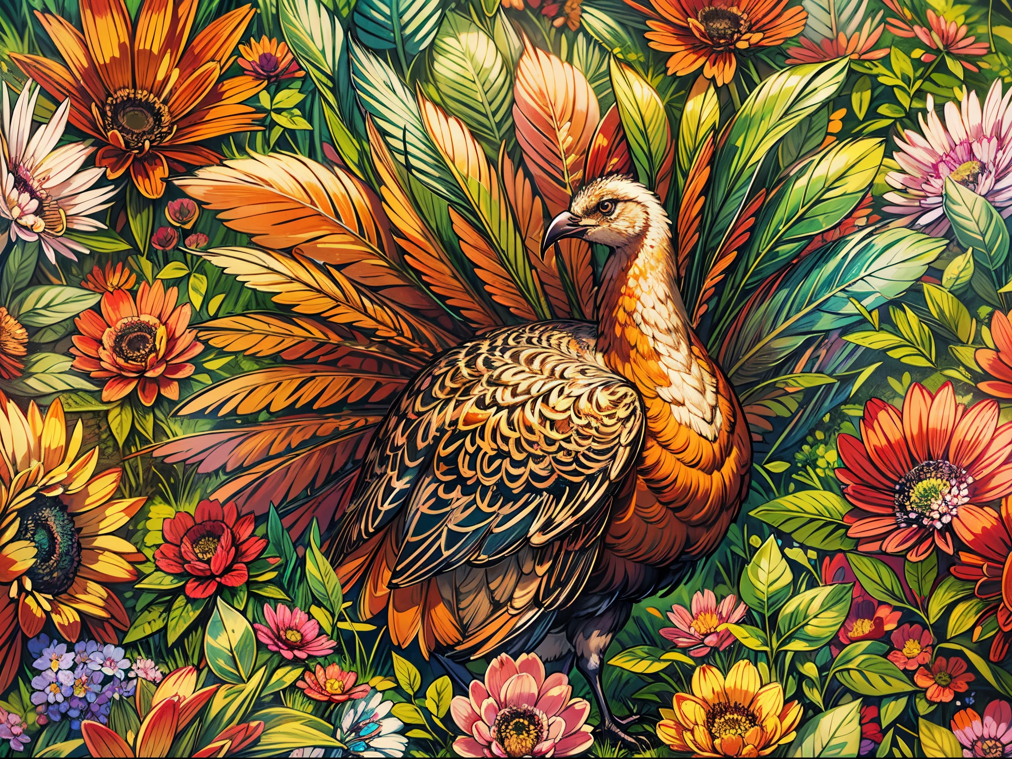 (highres,best quality:1.2),vividly colored lush forest full of colorful flowers,beautiful detailed eyes,long eyelashes,detailed feathers,turkey in a natural habitat,colorful feathers,stunningly vibrant flowers,peaceful scenery,vibrant foliage,zoomed in view of the turkey,incredible detail in the feathers,fine brushstrokes on the flowers,immaculate details in the landscape,stunning natural lighting,subtle shadows on the turkey and the flowers,realistic rendition of the forest,turkey perfectly blending in with the surroundings,soft and subtle colors in the background,fine details on the turkey's beak and feet,masterfully painted feathers,photorealistic depiction of the forest,lifelike textures on the tree barks,lens flares adding an ethereal touch to the scene,translucent wings of the turkey glistening in the sunlight,serene and peaceful atmosphere,crisp and clear image of the turkey and the forest,meticulously captured essence of nature,meticulous attention to detail in every aspect of the painting