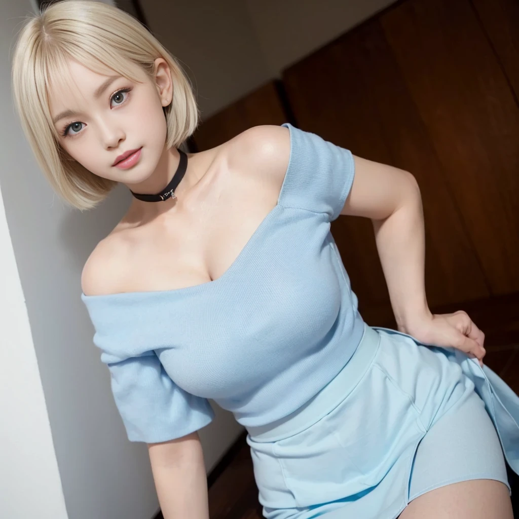 real、( face, virgin face,  masterpiece, 1 Girl, Very detailed, Fine skin, White skin, Lighten up the subject, Movie Light, beautiful face, Beautiful Eyes, Lip gloss), (((Ash Blonde Hair)))、((Short Bob))、((school uniform))、open shirt、Emphasize the cleavage、Blunt bangs,blue eyes, (((large natural breasts))), ((full body))、Sitting a sofa,(spread legs)、Selfie、From above