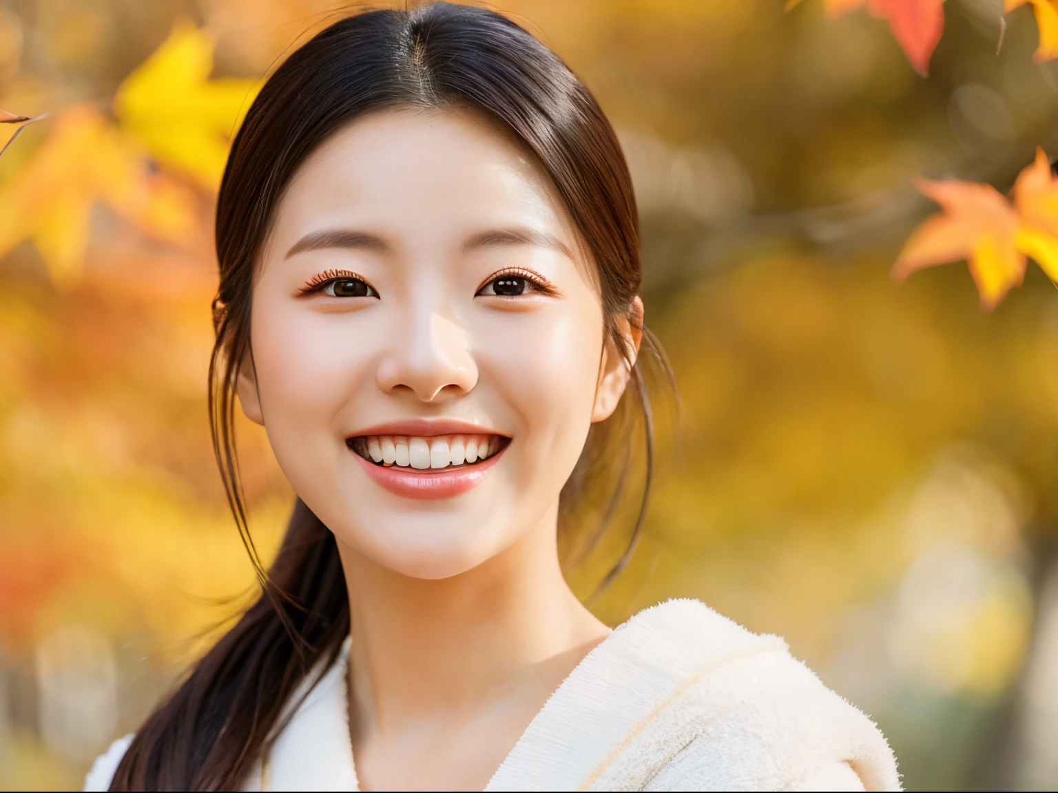Self Whitening Salon,Instagram Posts,Bright background,Colored leaves,Autumn Park,Nice smile,Impressive white teeth,unclear,Natural atmosphere,Beautiful fece,A Japanese Lady,bustup