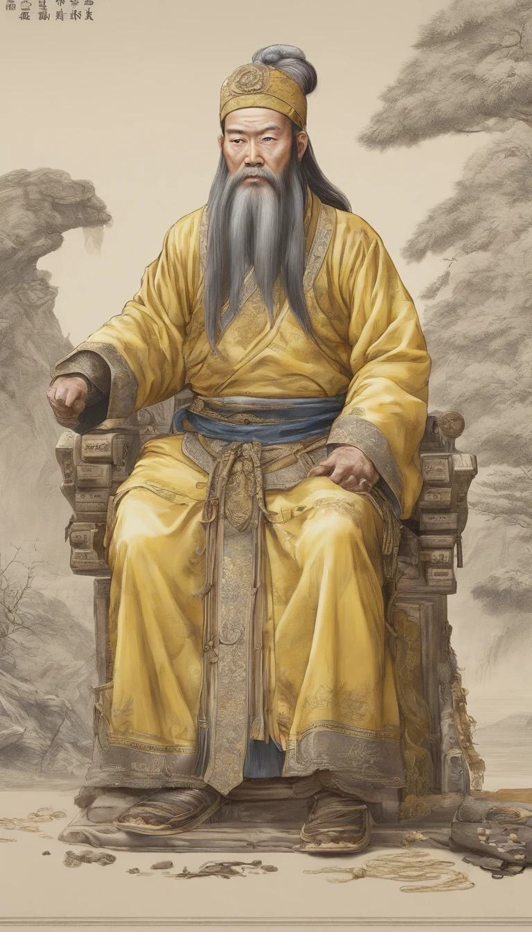 Old Man of the East，Frontal portrait of ancient Chinese figures（Portrait of Confucius 1.0），（Bust portrait 1.5），Audience visual inspection（facing at the camera），White haired man，hair-bun，no headwear，hair tying up。yellow clothing。solid color backdrop（Drawing paper texture 1.5）。真实感。hyper HD, retinas, tmasterpiece, Acura, Anatomically correct, Award-Awarded, high high quality, high detal, super detailing, ctextured skin, Best quality at best, A high resolution,k hd, 4K, 8K, 16k。