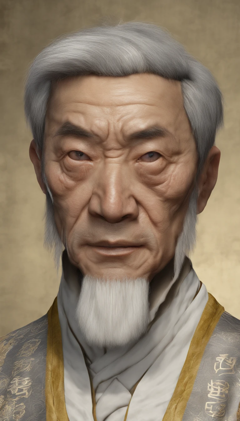 Old Man of the East，Frontal portrait of ancient Chinese figures（Portrait of Confucius 1.0），（Bust portrait 1.5），Audience visual inspection（facing at the camera），White haired man，hair-bun，no headwear，hair tying up。yellow clothing。solid color backdrop（Drawing paper texture 1.5）。真实感。hyper HD, retinas, tmasterpiece, Acura, Anatomically correct, Award-Awarded, high high quality, high detal, super detailing, ctextured skin, Best quality at best, A high resolution,k hd, 4K, 8K, 16k。