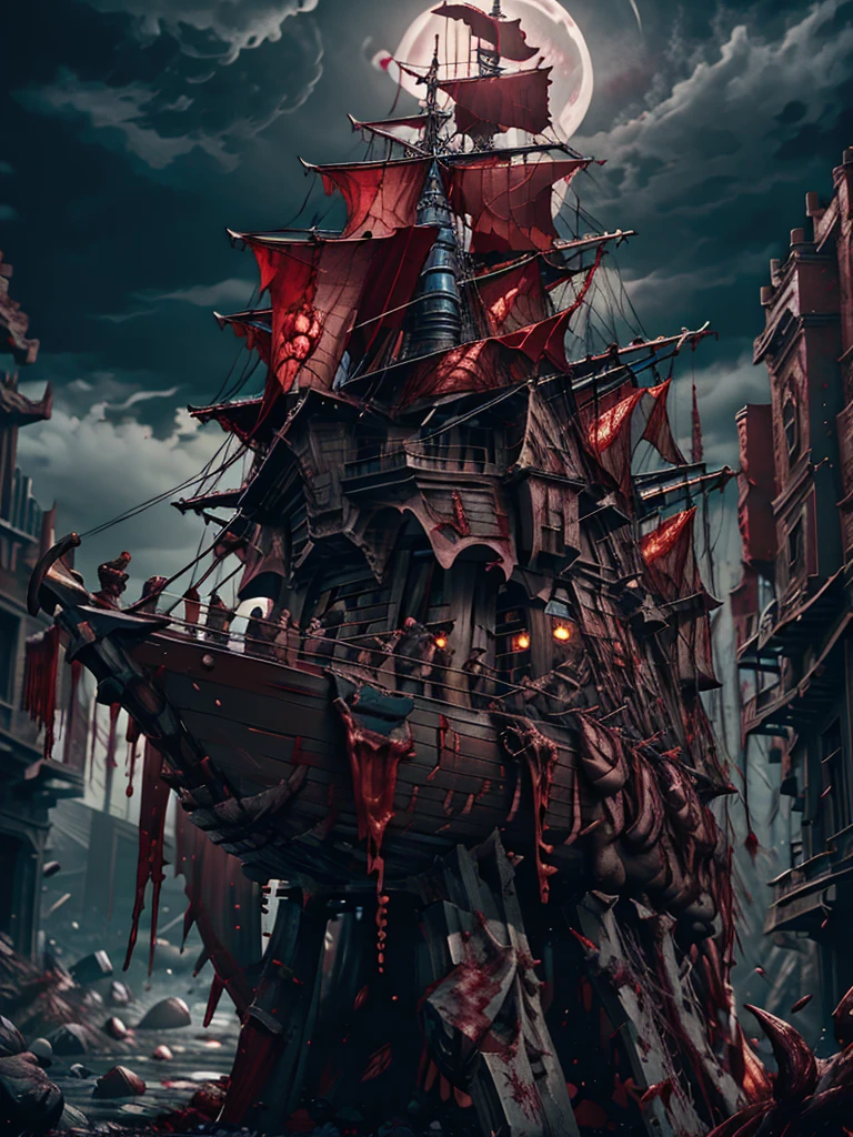 cracked porcelain skin,exposed muscle tissue,pirate,pirate ship in background,ultra-detailed,realistic,best quality,high-res,dark shadows,sharp teeth,tattered clothing,blood-soaked hands,moonlit sky,twisted limbs,menacing aura,foreboding waves,fear-inducing expression,dreadful scars,decaying skin,mysterious mist,stern expression,eerie moonlight,terrifying figure,dreadful pirate captain,horrifying transformation,cables and machinery protruding from body, messy beaded goatee,