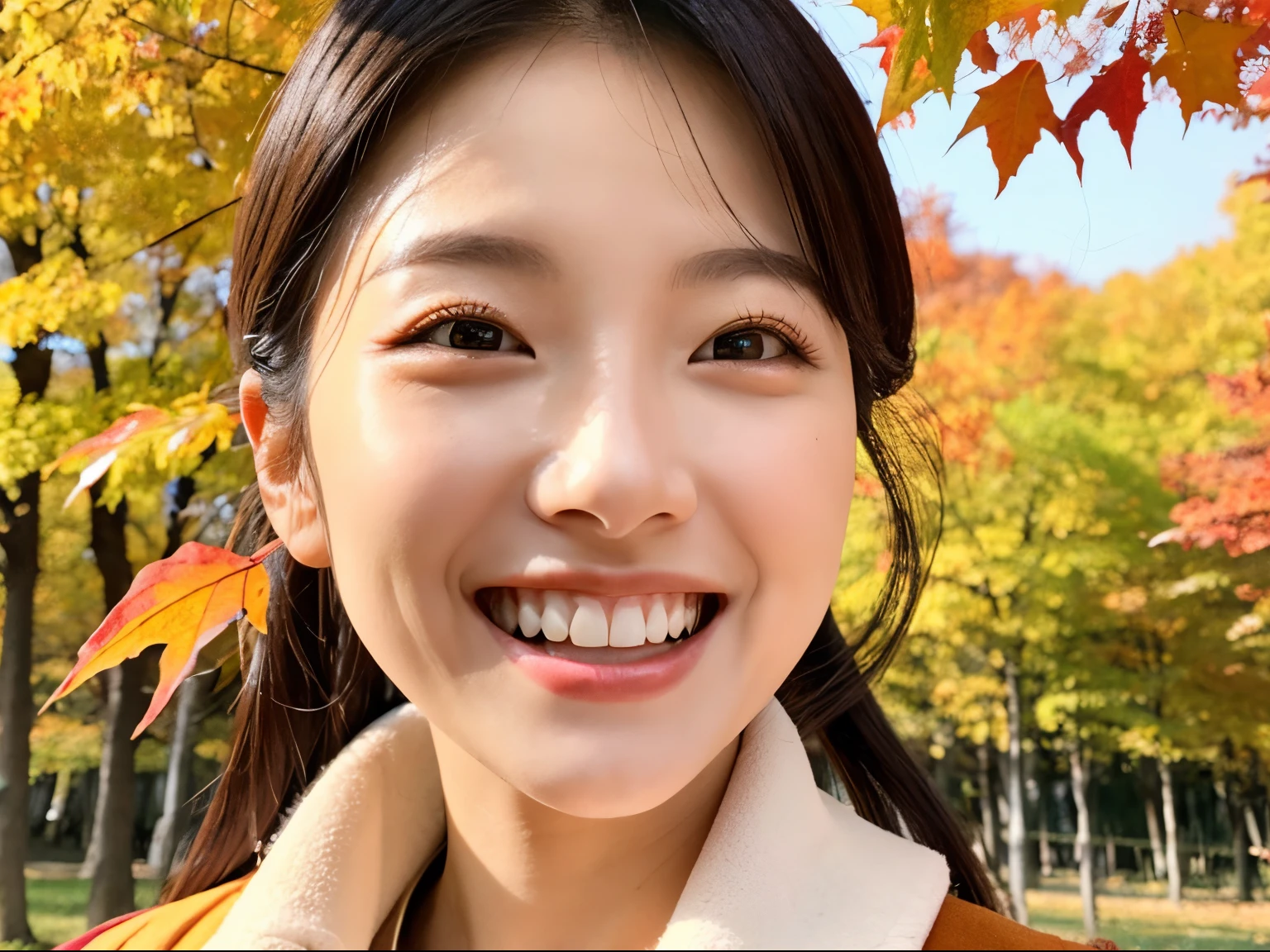 Self Whitening Salon,Instagram Posts,Bright background,Colored leaves,Autumn Park,Nice smile,Impressive white teeth,unclear,Natural atmosphere,Beautiful fece,A Japanese Lady,bustup