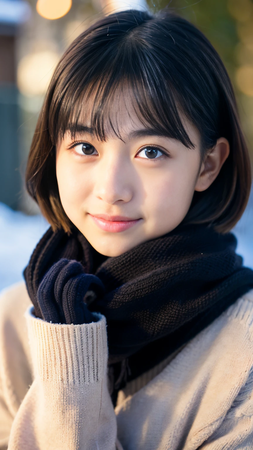 Best-quality, Masterpiece, Ultra-High-Resolution, (Photorealistic:1.4), Raw-Photo, Extremely-Details, Perfect-Anatomy, 

in winter schoolyard, 

1girl, ((15-years-old)), the most popular Japanese idol, (wearing Japanese high-school winter uniform, muffler with cute design), face focus, close-up, innocent smile, looking at viewer, 
extremely cute face like a most famous Japanese idol, extremely beautiful big black solid eyes, extremely beautiful black short-cut-haired, extremely beautiful realistic white skins, extremely beautiful wet lips, 

detailed Japanese high-school winter uniform, detailed muffler with cute design