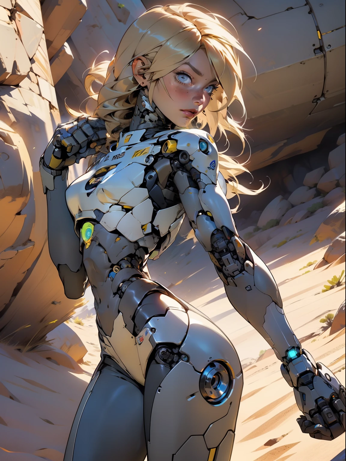 high quality, 4k, masterpiece, beautiful, cyborg girl, cowboy shot, dull eyes, back side, turning around to look at viewer, long blonde hair, girl, small breasts, fit thigh, robotic arms, robotic body, cyborg body, yellow accent, redaccent, intricate detail, joint, detailed lines, robotic detail, holding fist up, holding hand up as fist, color robotic parts, robotic parts with color, perfect fingers, on a desert planet, sunny background, colorful desert,