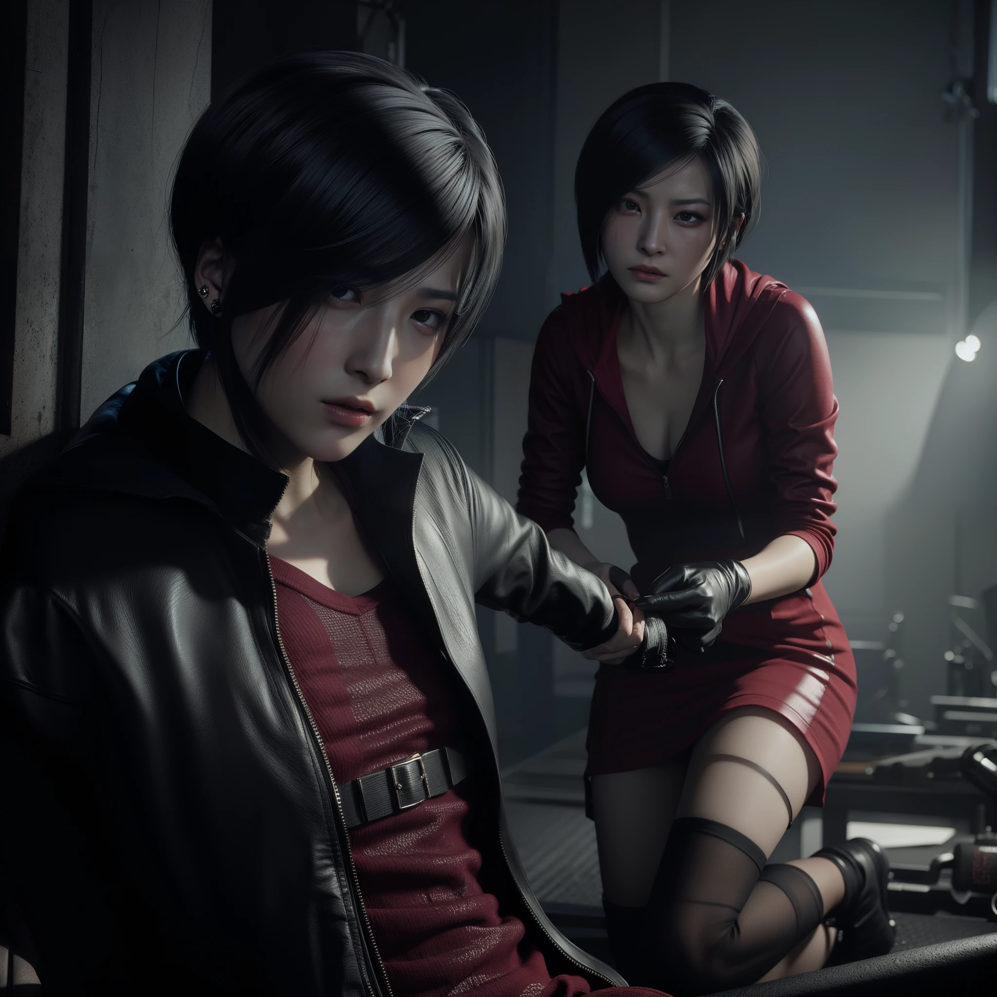 Ada wong ,Woman, wearing mini red dress with hoody, bob hair, Wearing Earrings, black nail polish, sad expression, glazed eyes