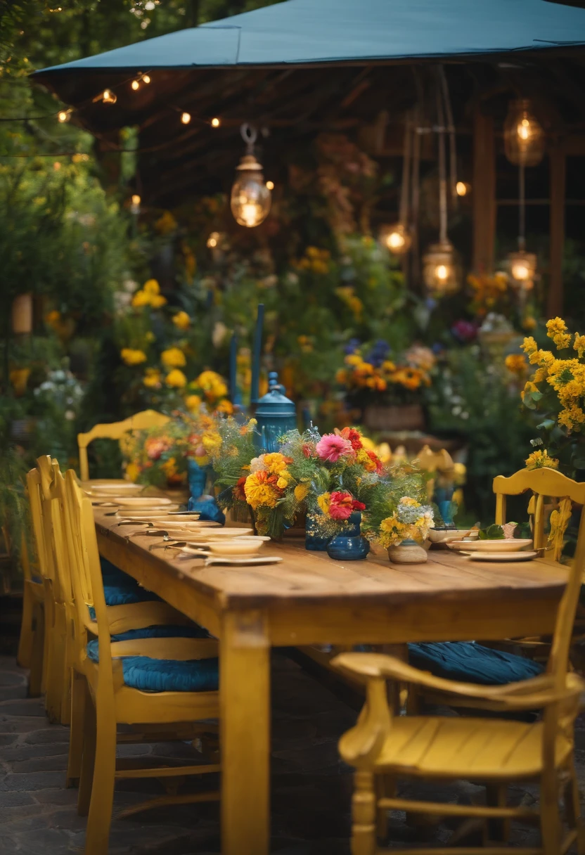 A snapshot of a cozy, handcrafted wooden outdoor dining set surrounded by lush greenery and colorful flowers.,original,Blue and yellow Swedish warehouse.