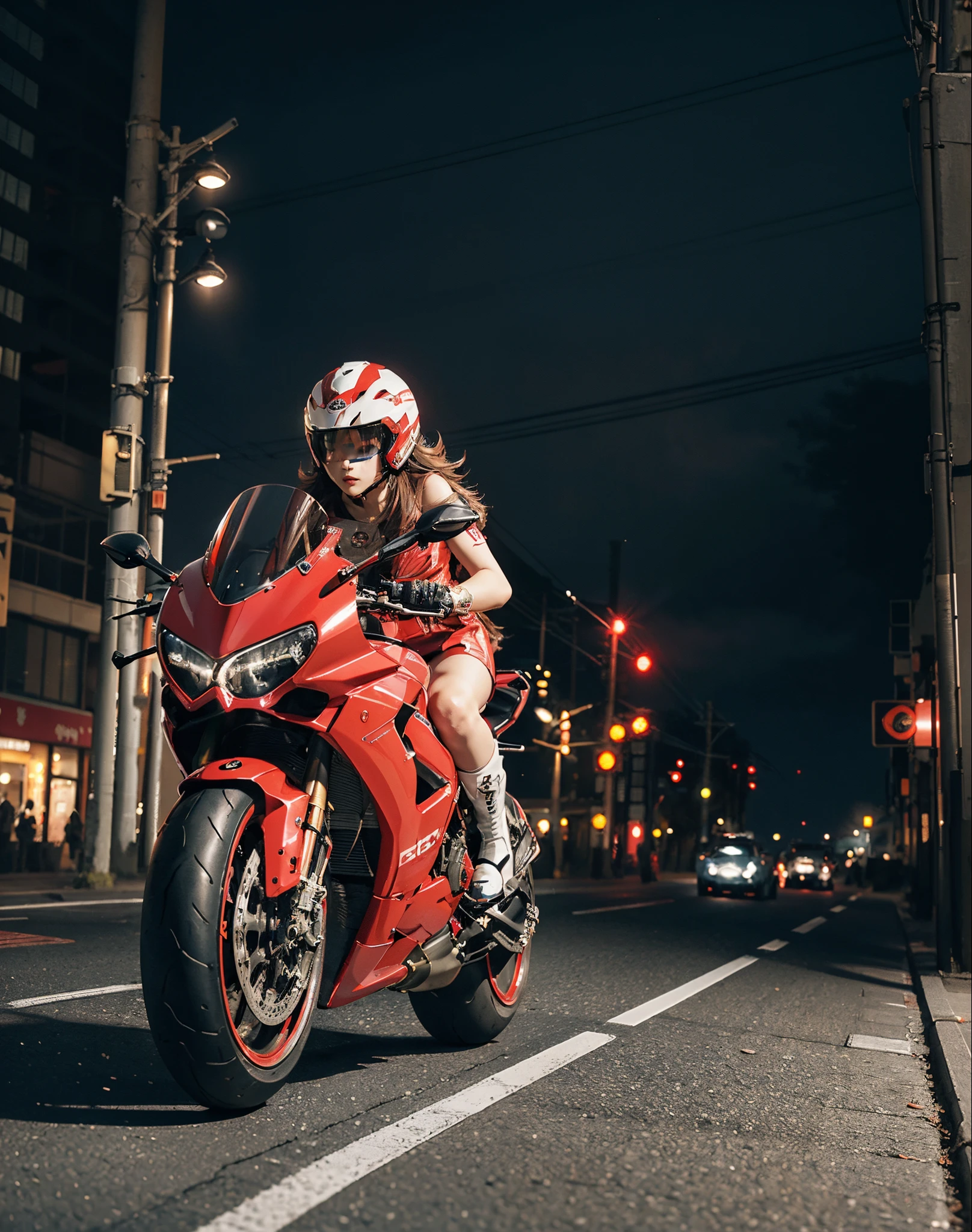 hight resolution、high-level image quality、in 8K、Real live-action、Raw photography、top-quality、masterpiece、masutepiece、(Soft Saturation:1)、(depth of fields:1.2)、(Ray traching:1.2)、Blue glow、Shot diagonally from above、Sense of speed、((during night)), city night scene、The background is a beautiful neon cyberpunk Tokyo、city night scene、Neon light、Dynamic Poses、Dynamic camera angles、heavy wind、Big red motorcycle speeding through the city at night、((Run leaving a trail of light:1.2))、Young woman in red dress sitting on a big red motorcycle, Beautiful face、kawaii faces、(Red dress:1.2)、(Red short skirt:1.3)、white knee highs、(Red boots:1.2、Draw the toes:1.2)、perfect hand、perfect foot、perfect ankles、Perfect toes、Perfect toes、Perfect Heel:1.3、((Grasp the controller with both hands:1.2))、Slouched、put one'Upper body, Lower body:1.2、Sitting on the Ducati Panigale V4,Riding the Ducati Panigale V4, Sci-fi style bikes, Sci-fi style bikes, Ducati Panigale V4 Motorcycle Rider, How to ride the Ducati Panigale V4, (Draw left and right rearview mirrors:1.3)、(headlights shine blue:1.2)、picture of a female biker, motorbike,Motorcycle displacement: Ducati Panigale V4 Details、motion-blur、(white smoke from tires:1.1)、