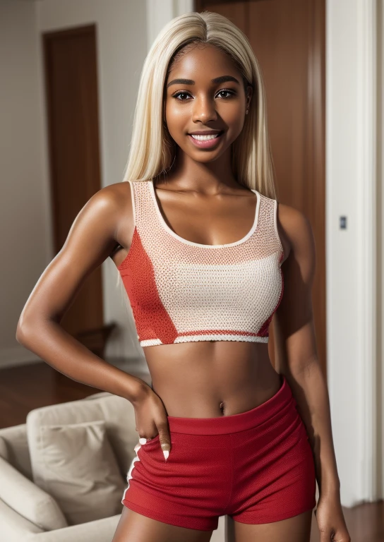 A solo attractive ((brown skin young woman ))she is beautiful and petite wearing a pink tank top and white short pj set , sitting in her girly bedroom ((lifelike skin texture)) ((she's smilling)) ((very detailed image )) she has a petite figure ((stunning eyes and a sharp nose)) a perfect ((blonde white hair)) smilling UHD, a Masterpiece,Realistic textures,(( hyper-realistic)), 8k, photorealistic, XT3 grain,Fujifilm((ines c dos santos)), ((white pj set))