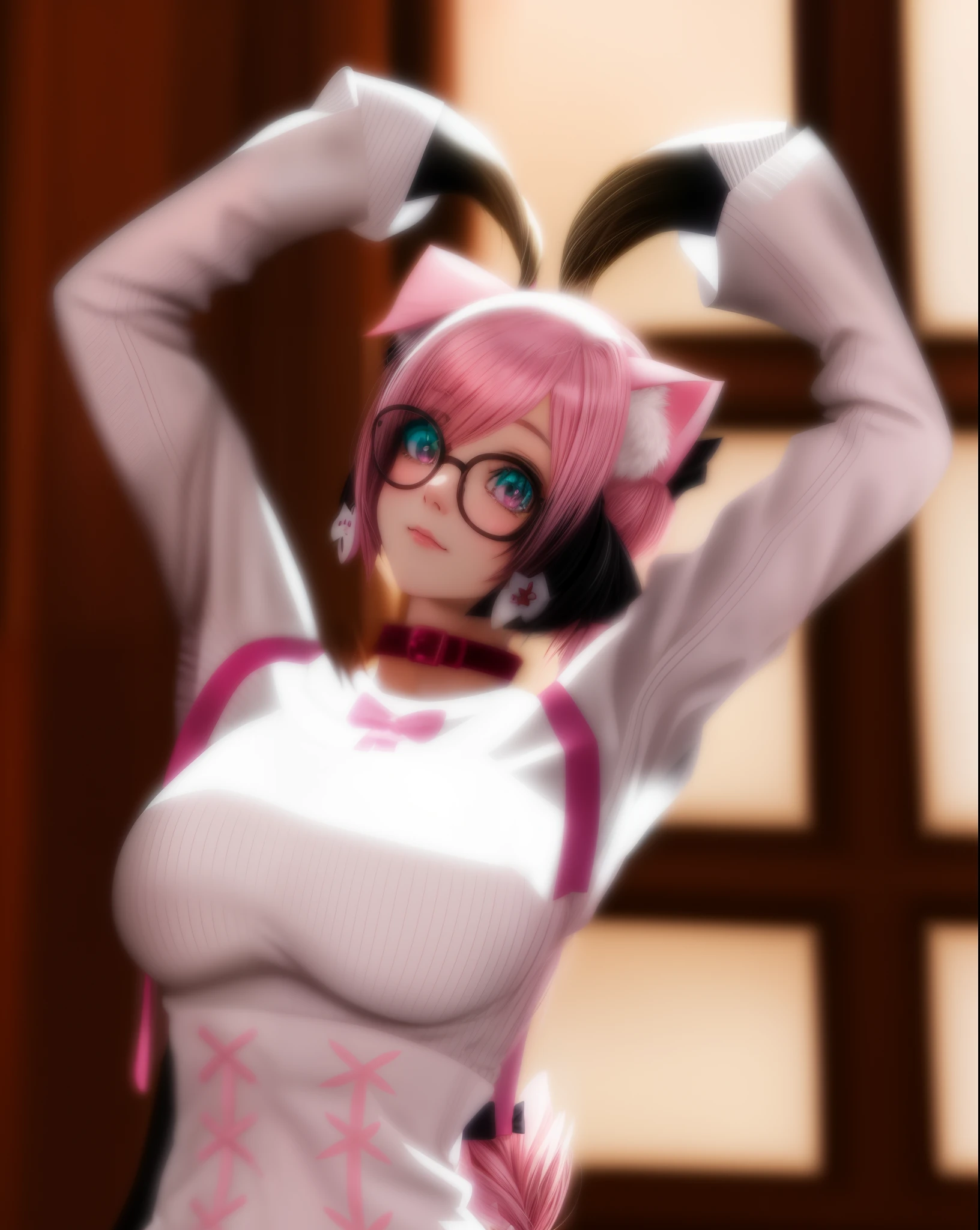 there is a woman with pink hair and a cat ears, pink twintail hair and cyan eyes, holding a pudica pose, twintails white_gloves, pudica pose, 2 b, spellcasting pose, 2b, girl with cat ears, attractive cat girl, playful pose, neferpitou, doing a sassy pose, white cat girl, good eyes . great eyes, dog girl, hands above head, good hands
