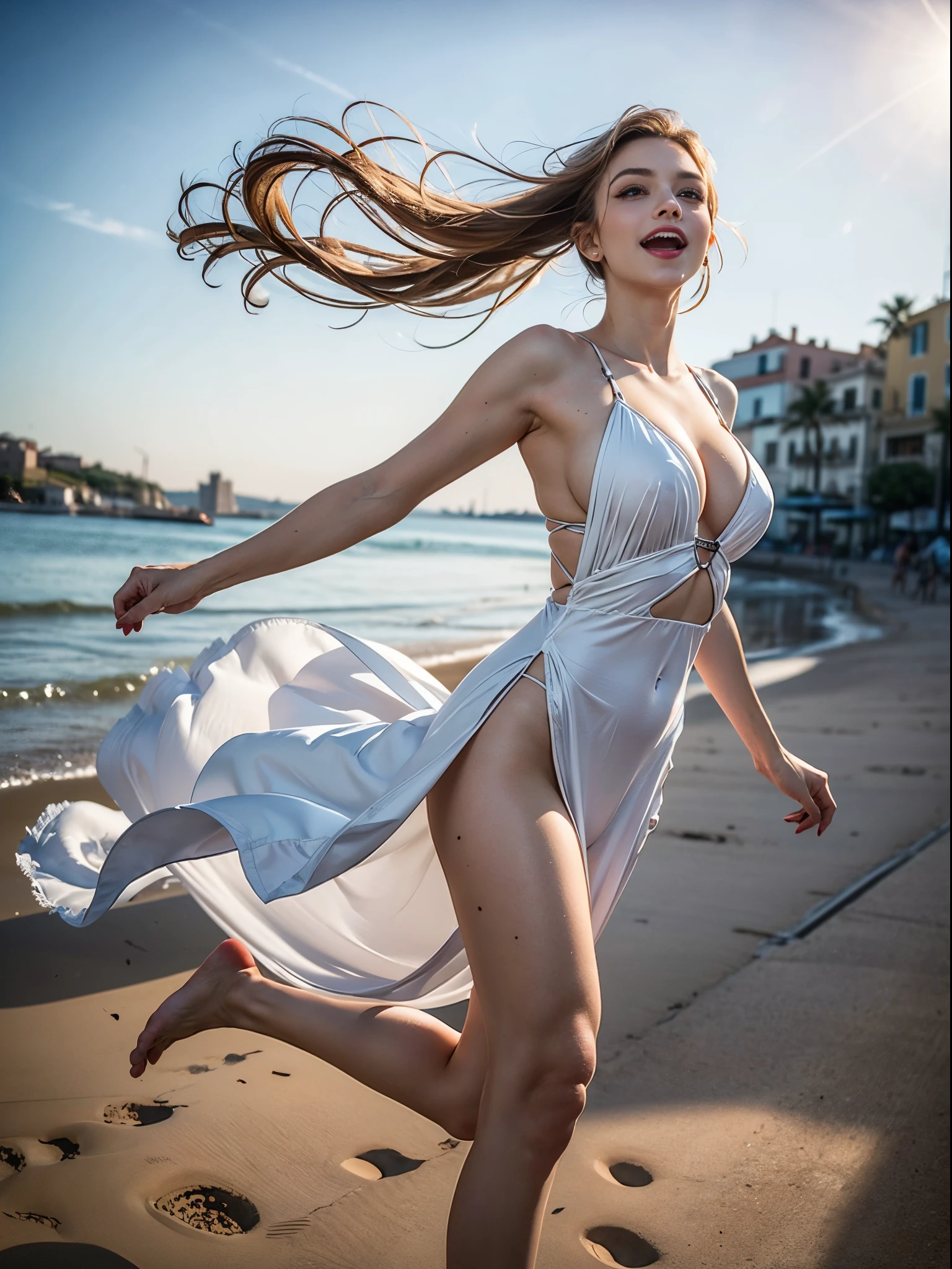 (best quality,masterpiece,high resolution, photorealistic,insanely detailed),{1girl,NSFW},{Caucasian,24_years_old,supermodel,front view:1.2},{running on the beach:1.3,running towards the viewer:1.3,dynamic running pose:1.3,watching at viewer},BREAK
{{wearing white very long evening dress,Hourglass line,silky texture:1.3, fluttering in the wind:1.2}},{{barefoot:1.2,holding high heels with both hands}},(super detailed skin,white very pale skin),{{{huge breasts:1.3,sagging breasts:1.2,gigantic cleavage:1.3}}},{tall stature:1.3,toned glamorous body,abs,heart-shaped small ass},BREAK
(realistic representation of face,beautiful face,perfect face,highly detailed beautiful face and eyes,attractive face,Very adorable,beautiful,feminine,erotic),(navy eyes, perfect oval large eyes,double eyelid, blue eye-shadow,mascara, Very long eyelashes),(shinny light blonde absolutely very long wavy ponytail:13, hair blowing in the wind),(pink glossy lips,2 mole under eye, flushed cheeks),(laugh with open mouth:1.2,enjoy),BREAK
{cinematic lighting:1.2,depth of field, lens flare, magnificent view:1.2},{Beautiful scenery of Sicily beach,blue sky and white clouds, seaside_town In the background,wind,sunny,golden hour,end of summer},{dynamic angle,full body shot,face focus,Sharp Focus,Scale to fit the dimensions}