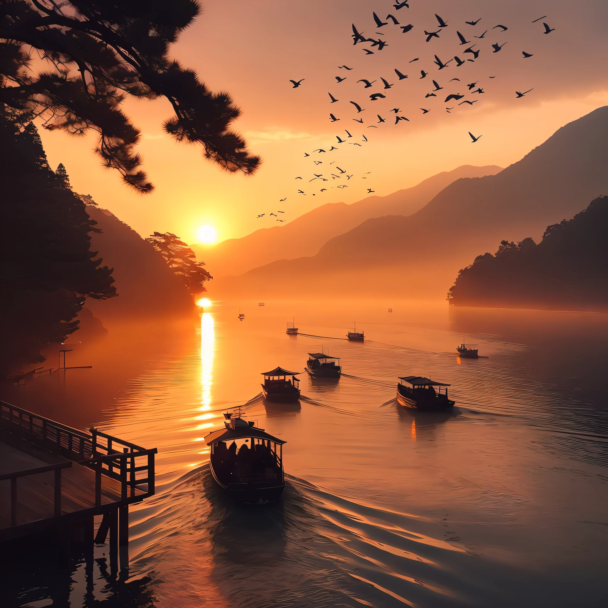 A boat is floating on the water at sunset、birds are flying overhead, Japanese landscape, sunset kanagawa prefecture, anime beautiful peace scene, warm beautiful scene, japan nature, Beautiful scenery, Calm evening atmosphere, Beautiful morning, Incredibly beautiful, japan deeper travel exploration, beautiful render of tang dynasty, Beautiful sunrise, dreamy Chinese towns, beautiful digital works of art, shutterstock, Japan