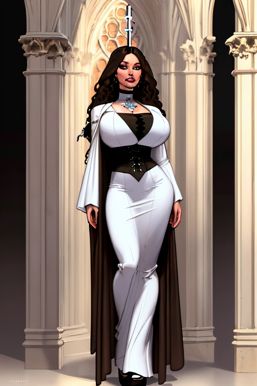Kelly LEBROCK dressed full-length from the movie "Oh That Science 1985", art by Vasily Vereshchagin, View of the girl from below, Kelly's gaze looks down