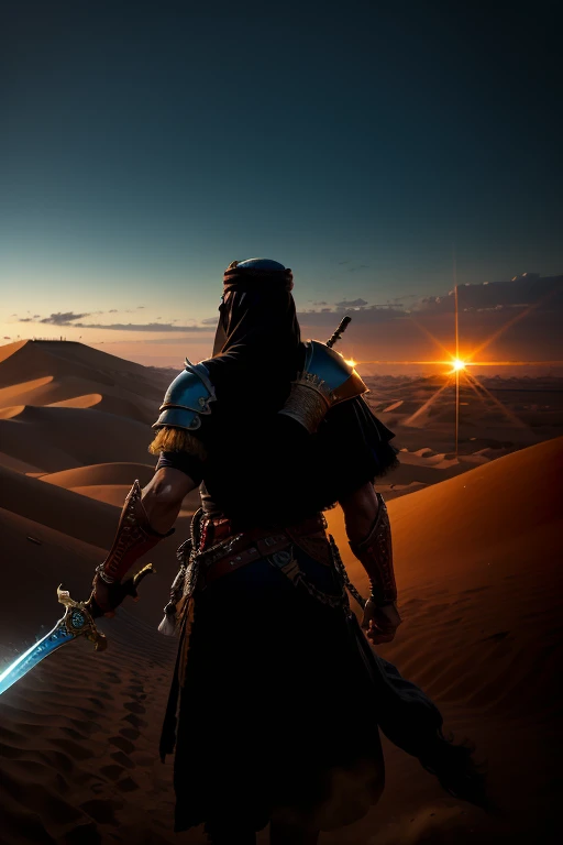 Step into the world of valor and courage with a captivating prompt featuring an Arab soldier wielding a gleaming sword. This evocative image depicts the soldier in the midst of an epic battle, standing tall and resolute. Clad in traditional armor that reflects the rich history and culture of the Arab region, the soldier exudes an aura of strength and determination.
The sword, held firmly in the soldier's hand, catches the light and glints with a sense of purpose. Its blade, carefully crafted with intricate details, symbolizes the indonesian flag unwavering commitment to protect and defend. With a backdrop of desert landscapes or ancient ruins, this scene immerses you in the timeless heritage of the Arab warriors. Alquds, bring a black horse
