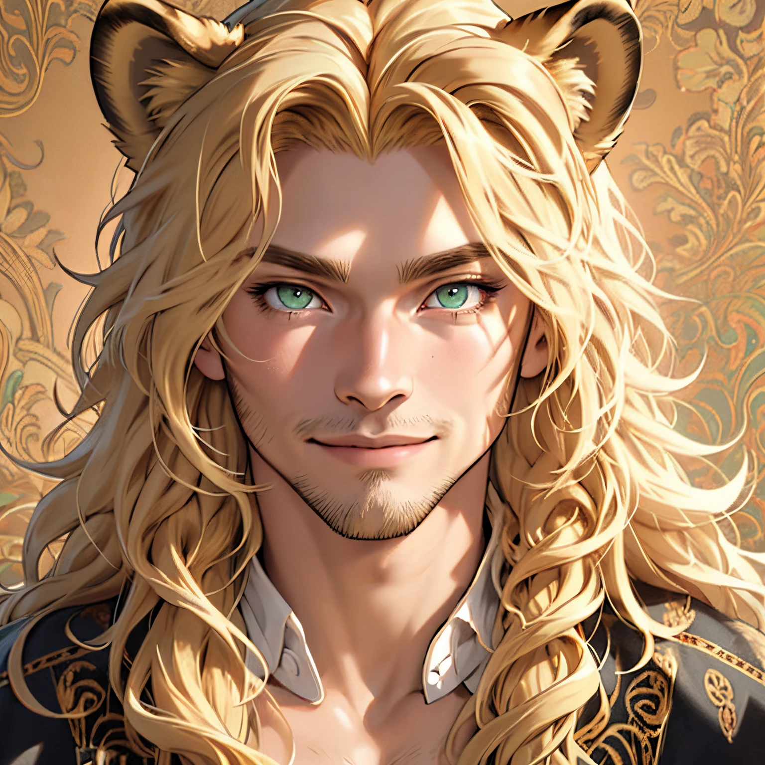 Fur coat, One male, lion ears, long hair, blond, blond hair, green eyes, tall, muscular, beautiful face, highest quality, masterpiece, 3d, anime, perfect face, highest detail, feline eyes, short facial hair, lion tail, wavy hair, bust shot, detailed face, intricate details, paisley background, smile, solo, close up