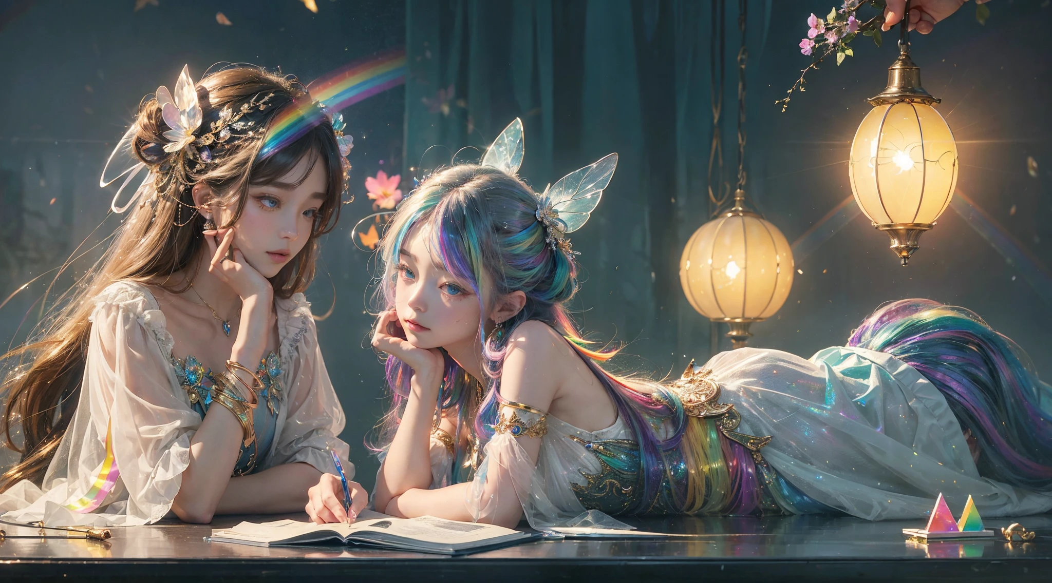 (((tmasterpiece))), (((Best quality at best))), ((ultra - detailed)),(Highly detailed CG illustration), ((Extremely Delicately Beautiful)),电影lamplight, Imitate the styles of current popular genre masters,Create stunning works of fantasy art. Works should contain mythology and fantasy、Fairy tale fantasy elements,And comes in dreamy rainbow colors. ((Use the rainbow as the primary color scheme.)) The character in the work is a delicate and strong petite figure,Full of mystery and magic, (Beautiful translucent rainbow wings). Pay close attention to intricate facial features, Such as bright colors and eye-catching shadows. 人物'Costume design should use tulle feathers, silk dress, Amazing embroidery, and subtle iridescent details. contains an icon (((Translucent rainbow))), dream color, 动态照明, Detailed background elements create a sense of awe and immersion. Includes a colorful flying magical bird and a jewel-toned rainbow butterfly with a magical halo. Consider the latest trends in fantasy art, por exemplo, Incorporate unique lighting effects, Discover dynamic and eye-catching composition techniques, And try a unique color palette. Get inspired by top artists on ArtStation and Midjourney. cameras: Choose an angle that highlights the beauty of the figure and enhances the magical majesty of the artwork. lamplight: Create depth and mood with mood lighting technology. settle down: Pursue high-resolution artwork,Demonstrate intricate detail and clarity. Artistic inspiration: Find inspiration from popular artists on ArtStation, Explore different styles, type, and the theme.