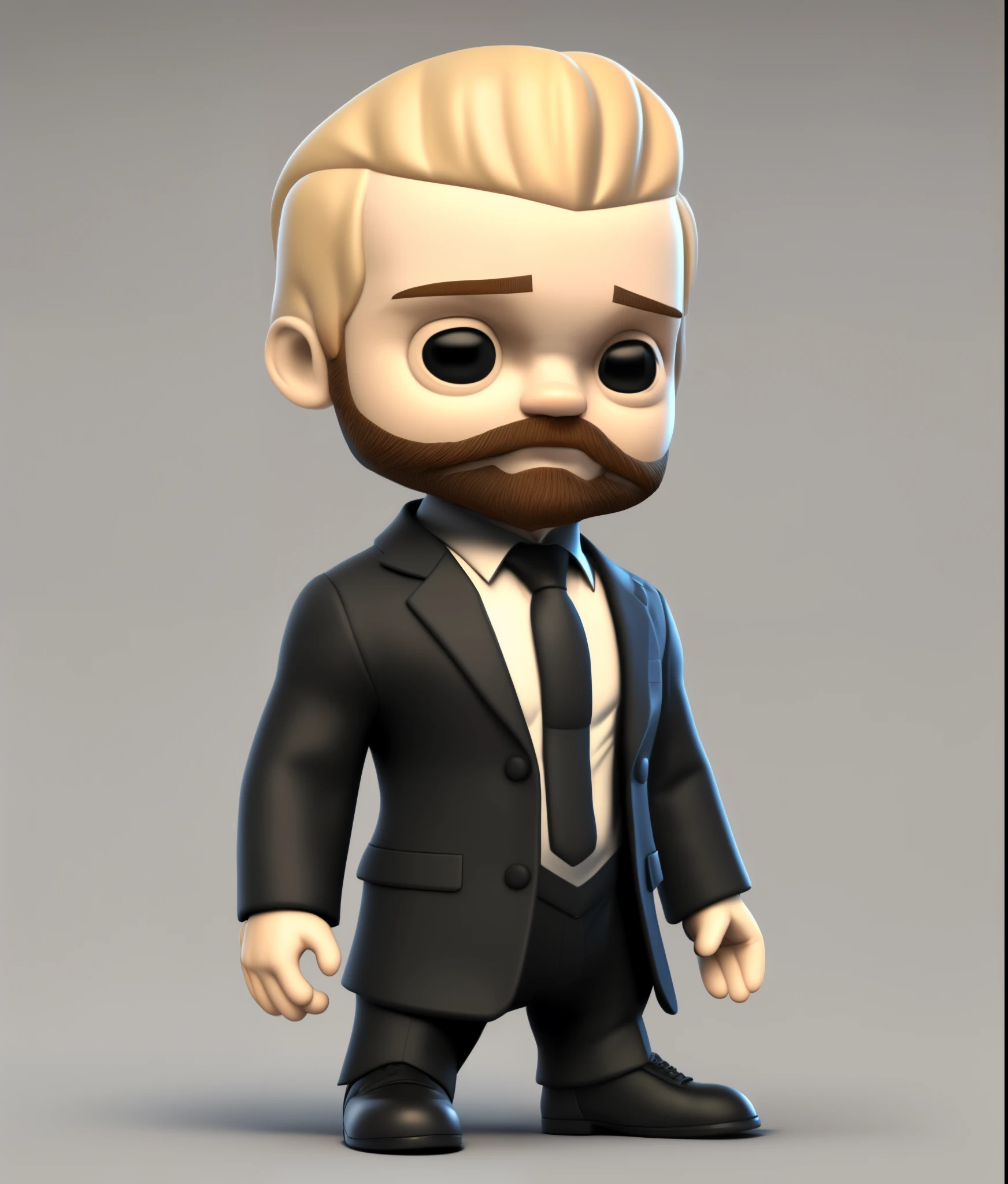 3dcharacter Funko style, 24 year old white man with a defined jaw and stubbled beard with a medium  haircut, black business suit, , (full body:1.2),simple background, masterpiece,best quality,(white background:1.1)(brown blonde hair)(  stubble beard:0.8)