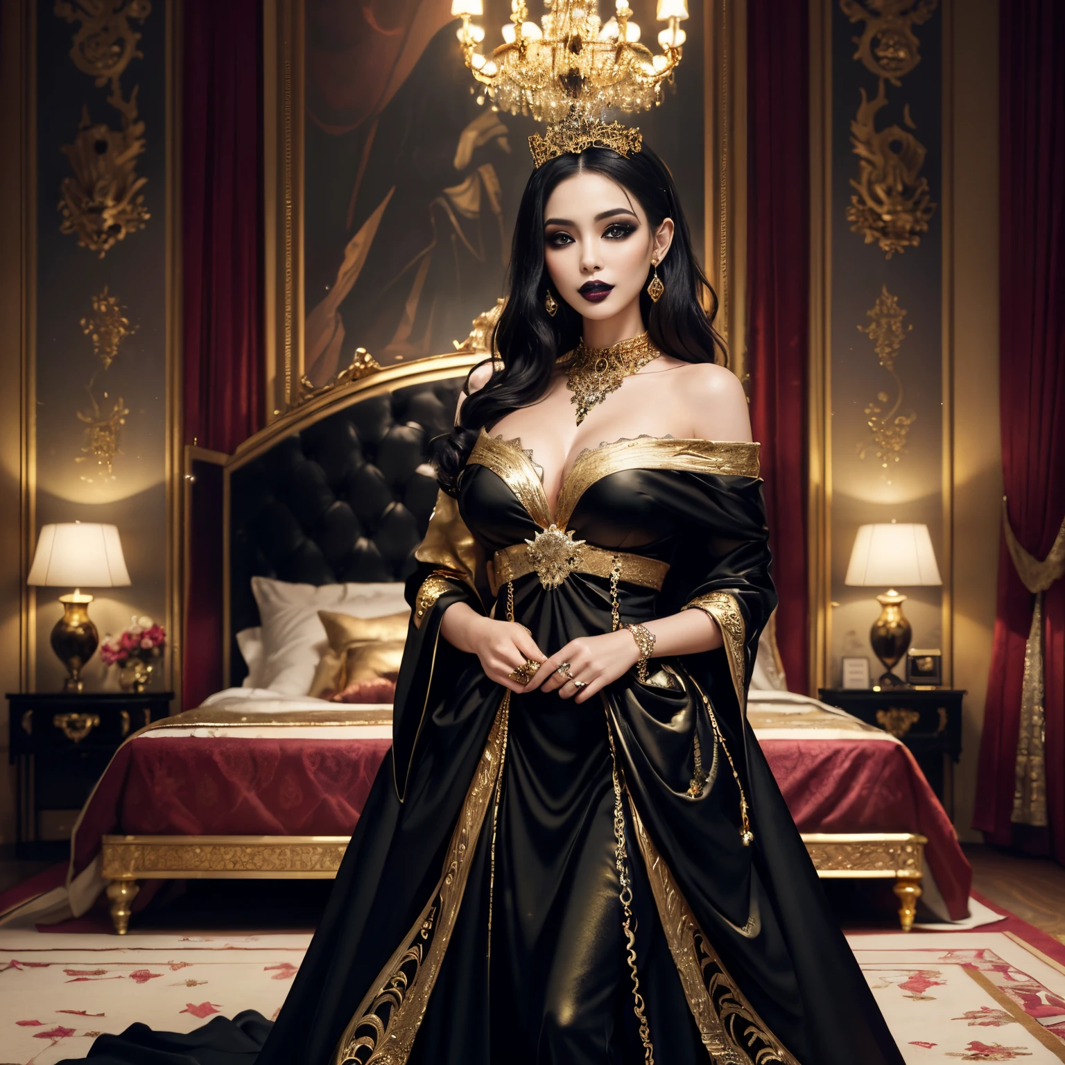 ((top-quality、masutepiece、8K、Top image quality、Hyper-Realism、The most complex and realistic textures))、(Focus on one vampire princess;1.5)、((creepy and sexy makeup、eyeshadows、Black lips:1.2))、the most intricate and luxurious black dress、Look at me and smile、Photo from the waist up、Big breasts that are about to burst、perfect anatomia、The background is the most gorgeous princess'room with at、(The most luxurious and sparkling princess room、A WORLD'The most luxurious black and gold royal VIP room、perfect shiny black and gold room、black and gold royal VIP room:1.5)、Luxury bed、Huge bed、Complete interior of luxurious royal bedrooms、black dress decorated with jewels、black jewel dress、Luxury beyond imagination、Inside the Royal Palace、 Room decorated with many ornaments,、ornate decorations、The most gorgeous decoration、luxurious and intricate bed、Very complex and detailed background、perfect shiny decoration、marbled