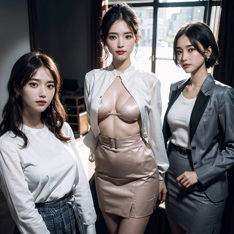 (Dark Style:1.6)、Inspired by the 007 movie、Tense atmosphere、Dramatic、(Original Photography、8K、Masterpiece、high resolution、very complicated)、(Top quality)、(Reality的:1.4)、(Full body female love:1.6)、Movie Lighting 、summer、Heat、Exquisite girl、 Exquisite facial features、2 beautiful women、20 years old、tall and sexy、((3 beautiful women standing backstage at the model))、short hair、(湿透的short hair:1.6)、(Very detailed)、Single focus、((Perfect body))、(School uniform jacket、Suspender lace pantyhose:1.2)、(复杂的School uniform jacket、badge、stripe、Pattern、Cleavage)、(Large cleavage)、(Very long legs:1.8)、(Reality)、3 women together、night、(((Wardrobe in the background)))、(((kiss)))