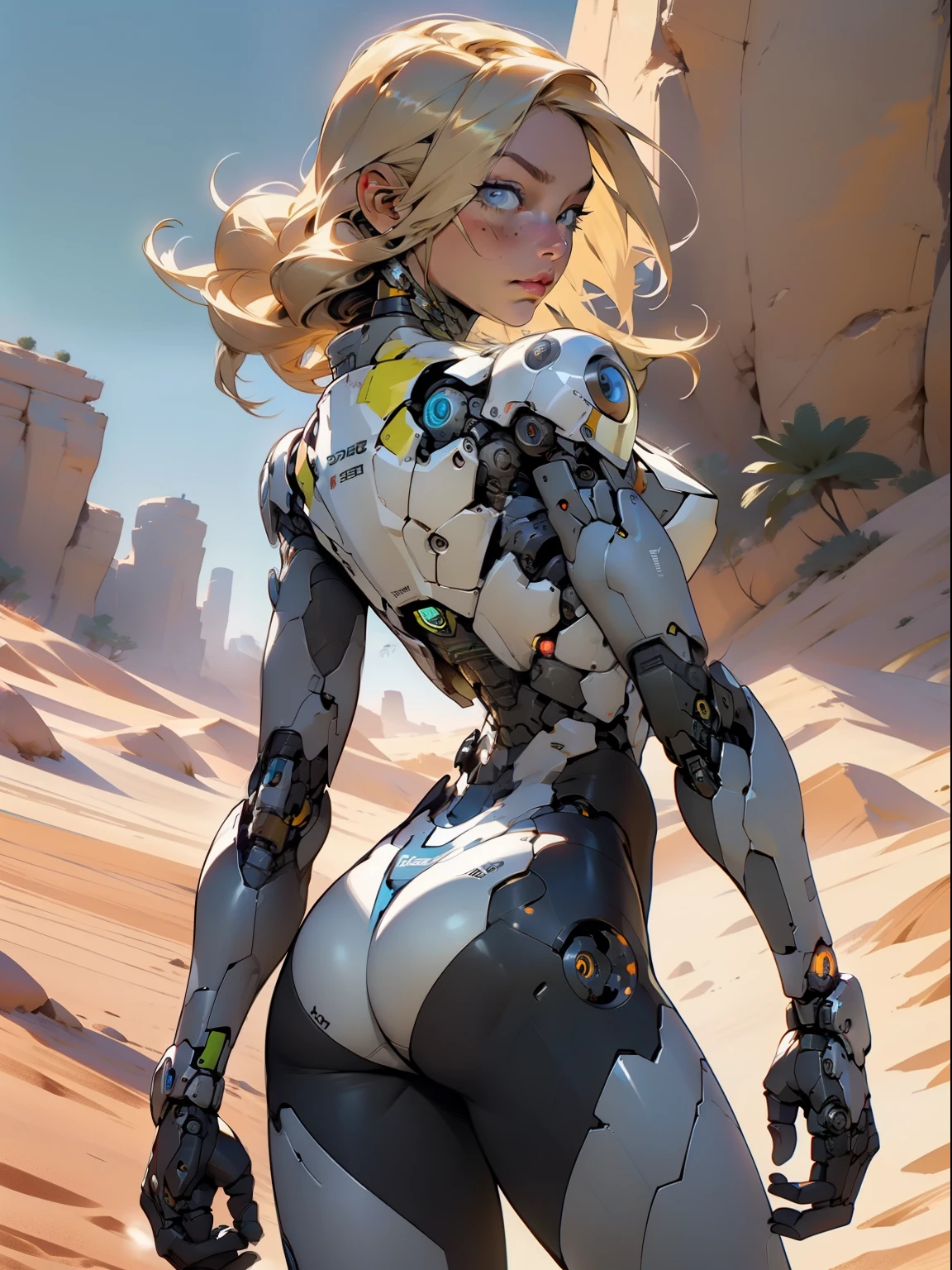 high quality, 4k, masterpiece, beautiful, cyborg girl, cowboy shot, dull eyes, back side, turning around to look at viewer, long blonde hair, girl, small breasts, fit thigh, robotic arms, robotic body, cyborg body, yellow accent, redaccent, intricate detail, joint, detailed lines, robotic detail, holding fist up, holding hand up as fist, color robotic parts, robotic parts with color, perfect fingers, on a desert planet, sunny background, colorful desert,