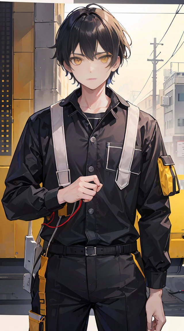 Best Quality, Very detailed, guy, electrician clothes, Yellow eyes,