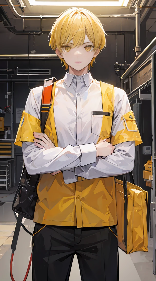 Best Quality, Very detailed, guy, electrician clothes, Yellow eyes,