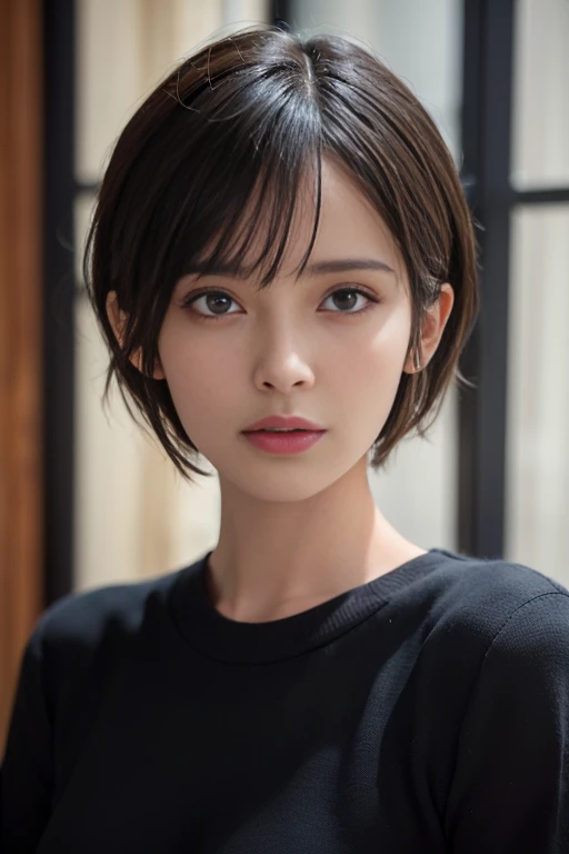 (masterpiece:1.3), (8k, photorealistic, RAW photo, best quality: 1.4), (1girl), beautiful face, (realistic face), (black hair, short hair:1.3), beautiful hairstyle, realistic eyes, beautiful detailed eyes, (realistic skin), beautiful skin, (sweater), absurdres, attractive, ultra high res, ultra realistic, highly detailed, golden ratio