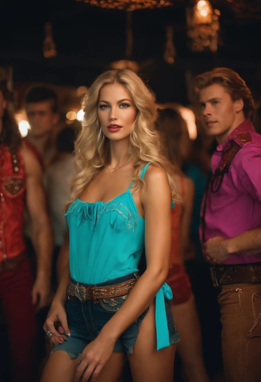 A photo of Princess wearing a neon cowboy outfit, line dancing with a group of friends,original,The most beautiful girl in every room. She is blonde and blue eyes. She is Russian and have the model physique. Very tall, lean physique