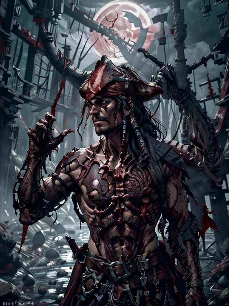 ((cracked porcelain skin)),((exposed muscle tissue)),pirate,pirate ship in background,ultra-detailed,realistic,best quality,high-res,dark shadows,sharp teeth,tattered clothing,blood-soaked hands,moonlit sky,twisted limbs,menacing aura,foreboding waves,fear-inducing expression,dreadful scars,decaying skin,mysterious mist,stern expression,eerie moonlight,terrifying figure,((dreadful pirate captain)),horrifying transformation,cables and machinery protruding from body, messy beaded goatee,