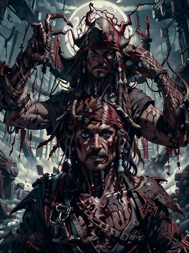 ((cracked porcelain skin)),((exposed muscle tissue)),pirate,pirate ship in background,ultra-detailed,realistic,best quality,high-res,dark shadows,sharp teeth,tattered clothing,blood-soaked hands,moonlit sky,twisted limbs,menacing aura,foreboding waves,fear-inducing expression,dreadful scars,decaying skin,mysterious mist,stern expression,eerie moonlight,terrifying figure,((dreadful pirate captain)),horrifying transformation,cables and machinery protruding from body, messy beaded goatee,