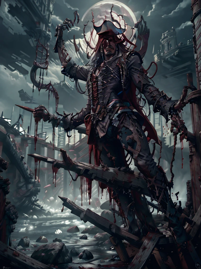 ((cracked porcelain skin)),((exposed muscle tissue)),pirate,pirate ship in background,ultra-detailed,realistic,best quality,high-res,dark shadows,sharp teeth,tattered clothing,blood-soaked hands,moonlit sky,twisted limbs,menacing aura,foreboding waves,fear-inducing expression,dreadful scars,decaying skin,mysterious mist,stern expression,eerie moonlight,terrifying figure,((dreadful pirate captain)),horrifying transformation,cables and machinery protruding from body, messy beaded goatee,