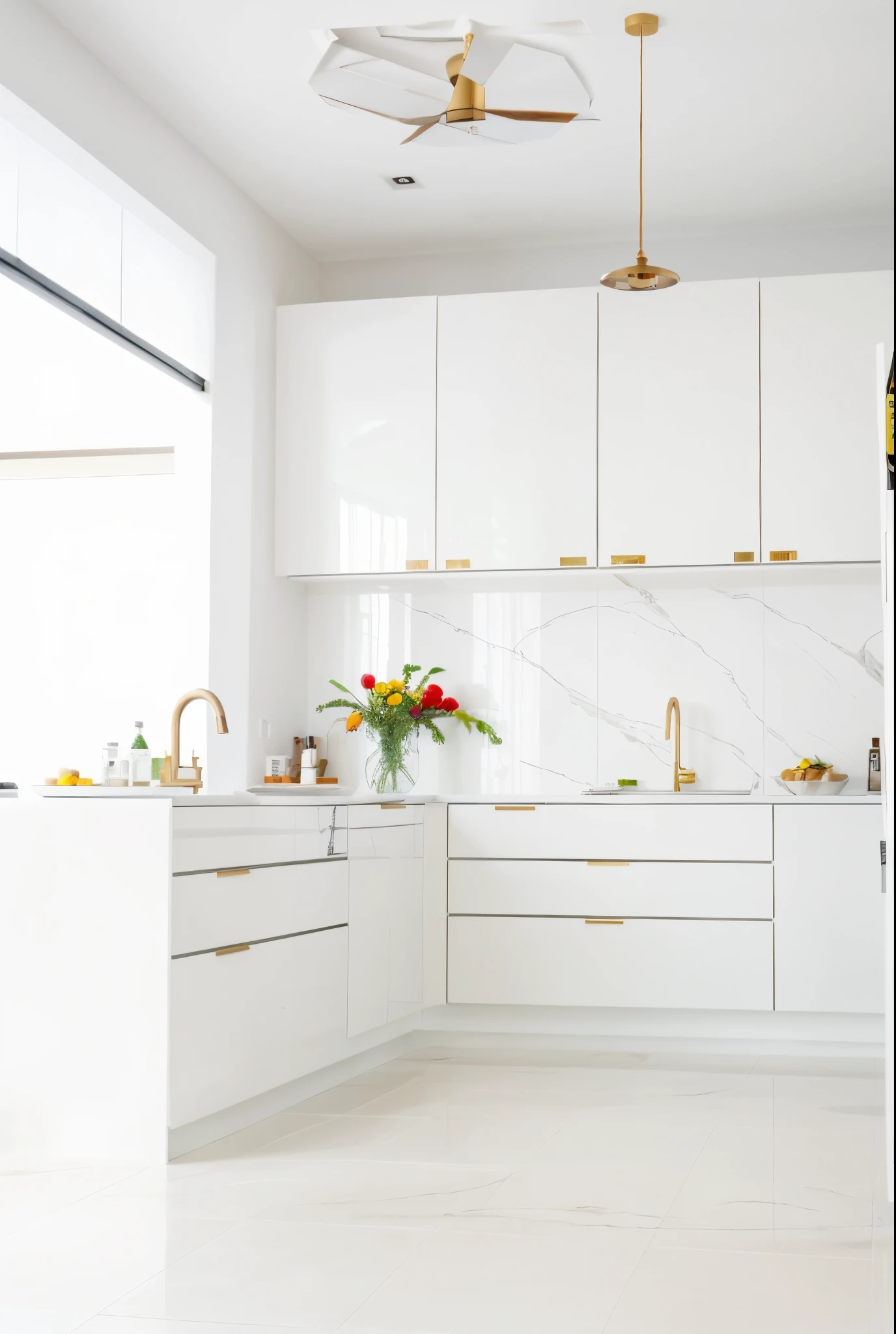there is a white kitchen with a refrigerator and window, minimalista e bonito, cozinha minimalista, branco com detalhes dourados, made of all white ceramic tiles, em uma cozinha, cozinha pequena, branco brilhante, cozinha iluminada por janela brilhante, cozinha, esquema de cores branco, minimalismo elegante, Wooden cabinets, esquema de cores branco e dourado, branco elegante, limpo e arrumado, lockers, detalhes sutis em vermelho
