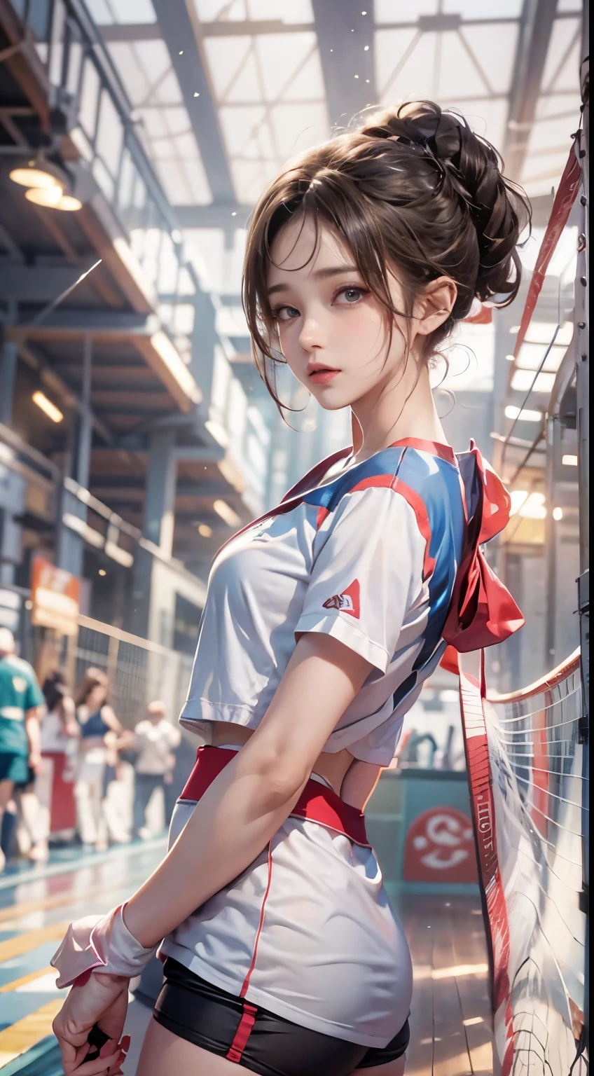 Female badminton player(1.5),Correct human anatomy:1.5),tmasterpiece,top-quality,super wide shot(1.5)(realistically:1.4),(RAW photos:1.4),Very delicate CG Unity 8K wallpaper,very delicate beautiful,Mann pays attention to detail,offcial art,(Beautiful eyes and face:1.5),Beautiful exquisite eyes,There is light on the face,one-girl,Short hair details,(Full body like:1.5),Badminton sportswear(1.5)