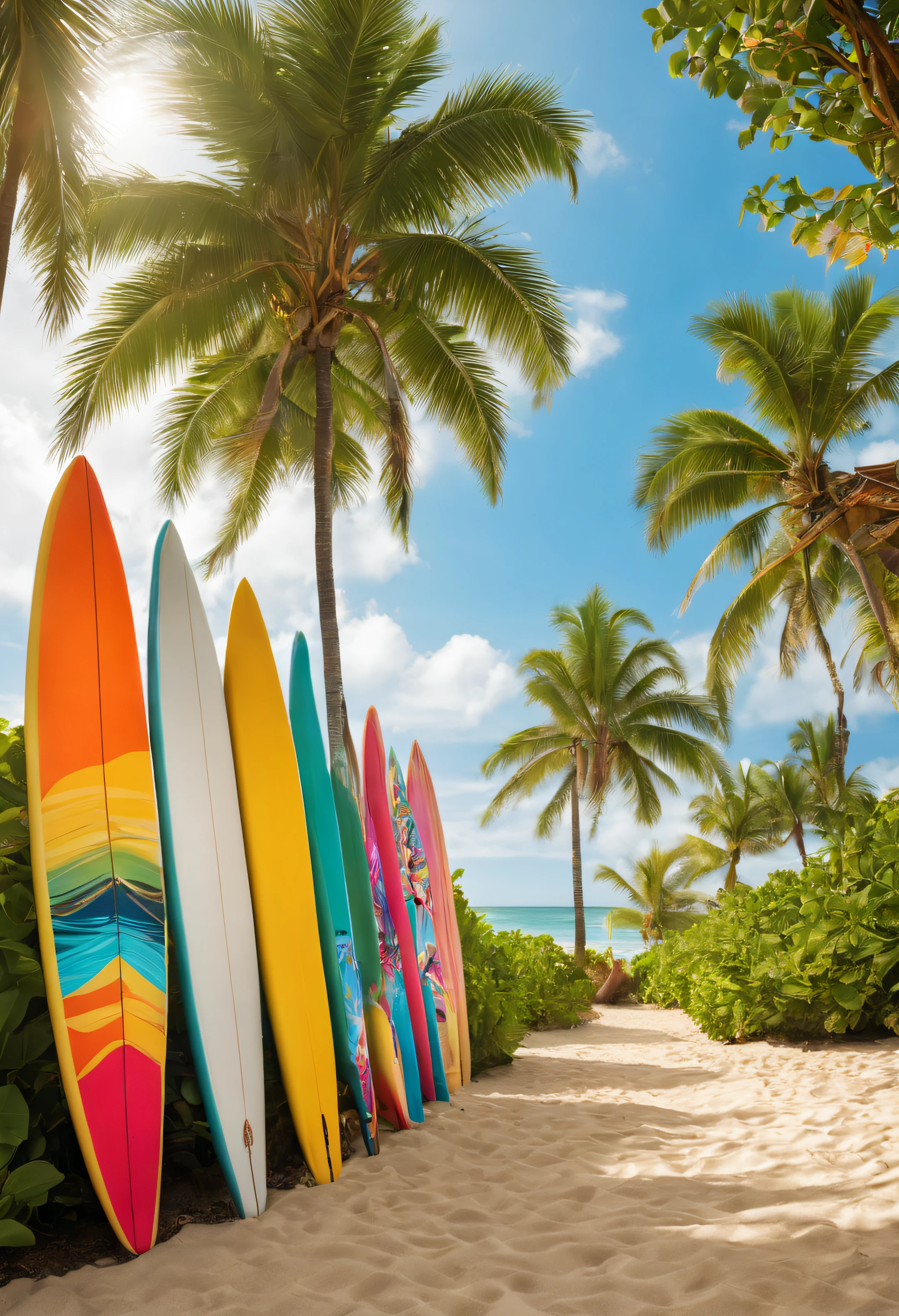 Tropical landscape and colorful surfboards