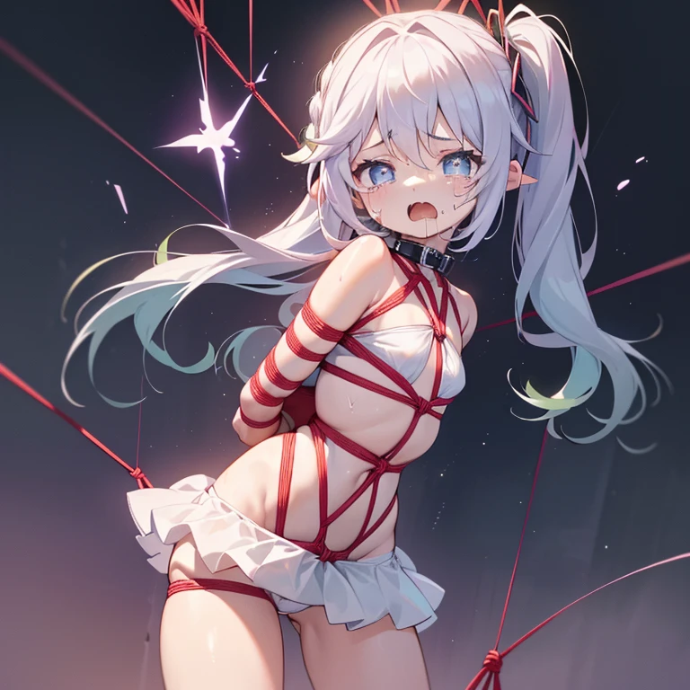 Best Quality, (cute petit girl:1.3), flat chest,Beautiful pink eyes、Lori、(Cuteness beyond limits),(high-leg swimsuit),lovely thighs,glowing thigh,is crying,White high-leg、(Shibari, arms behind back:1.4), (Shibari, arms behind back:1.4), (hands behind back),High-leg swimwear(((Violence、Girl suffering from severe pain due to electric shock))))、(((The girl has a chain wrapped around her body:1.5)))、(((woman hit with stun gun、severe pain in the groin,,:1.5、electric shock:1.3、discharge:1.5、Open your mouth and suffer:1.5、drool and suffer:1.5)))、Chained to the crotch like BDSM、You have an electric shock、Metamorphosis、Chained to the crotch like BDSM、Chained to the crotch like BDSM、hanged girl、high-leg swimsuit、