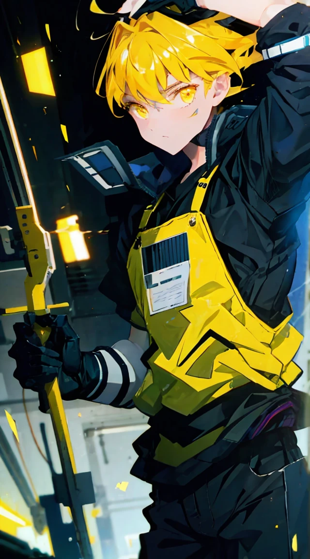 Best Quality, Very detailed, Guy, electrician clothes, Yellow eyes,