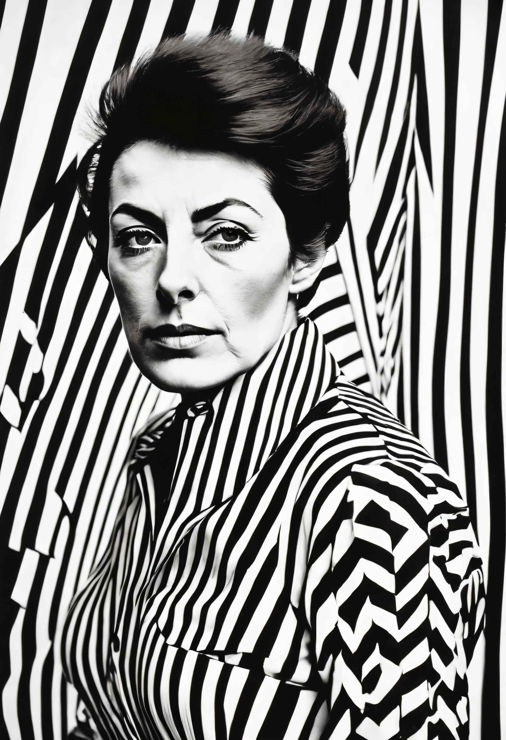 Bridget Riley&#39;s style, peculiarity, sportrait, A half body, Wearing a fine shirt, The face is very detailed, beautifuldetails, Focus sharp