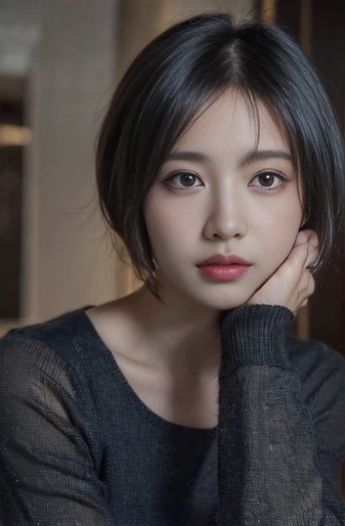 (masterpiece:1.3), (8k, photorealistic, RAW photo, best quality: 1.4), (1girl), beautiful face, (realistic face), (black hair, short hair:1.3), beautiful hairstyle, realistic eyes, beautiful detailed eyes, (realistic skin), beautiful skin, (sweater), absurdres, attractive, ultra high res, ultra realistic, highly detailed, golden ratio