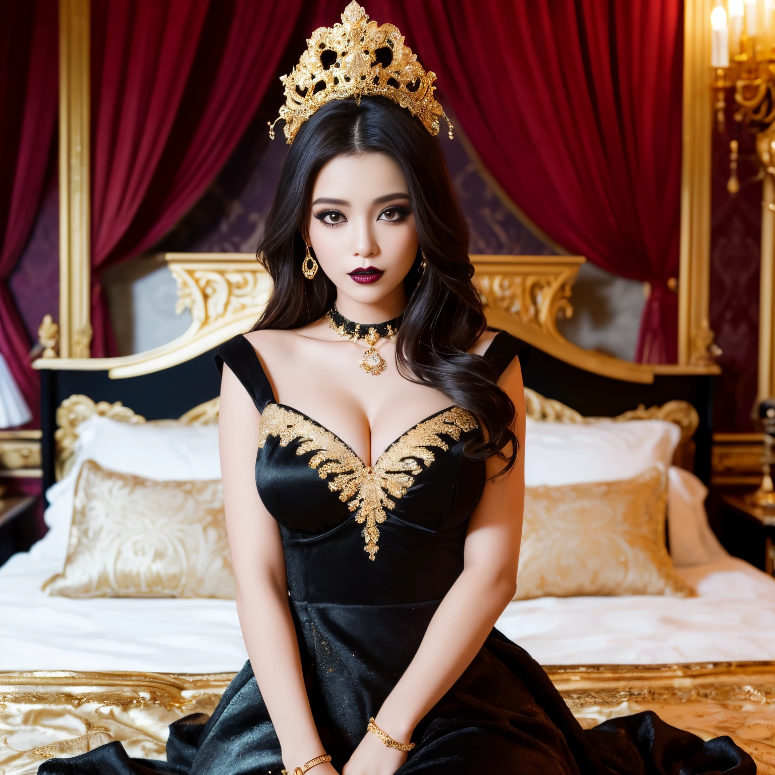 ((top-quality、masutepiece、8K、Top image quality、Hyper-Realism、The most complex and realistic textures))、(Focus on one demon princess;1.5)、((creepy and sexy makeup、eyeshadows、Black lips:1.2))、the most intricate and luxurious black dress、Look at me and smile、Photo from the waist up、Big breasts that are about to burst、perfect anatomia、The background is the most gorgeous princess'room with at、(The most luxurious and sparkling princess room、A WORLD'The most luxurious black and gold royal VIP room、The most luxurious black and gold room、black and gold royal VIP room:1.5)、Luxury bed、Huge bed、Complete interior of luxurious royal bedrooms、black dress decorated with jewels、black jewel dress、Luxury beyond imagination、Inside the Royal Palace、 Room decorated with many ornaments,、ornate decorations、The most gorgeous decoration、luxurious and intricate bed、Very complex and detailed background、perfect shiny decoration、marbled
