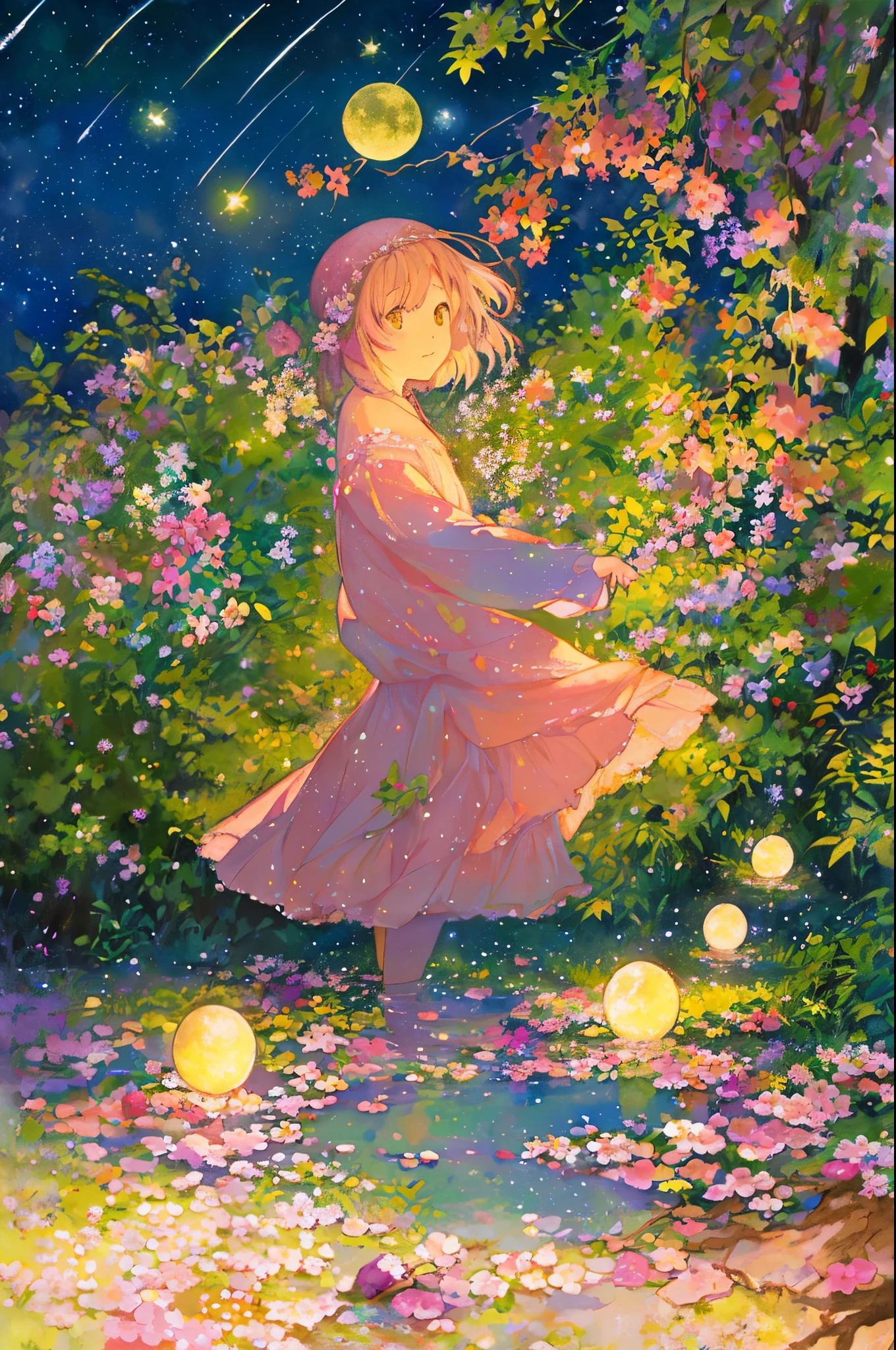 watercolor paiting、"old twigs and berries"(ultra poly,pastel highlights),Color(natural,Deep,Vivid),Style(National Geographic),Background(lush flower landscape),Lighting(Moonlit,Starlight),Water(High resolution,vivid depth)