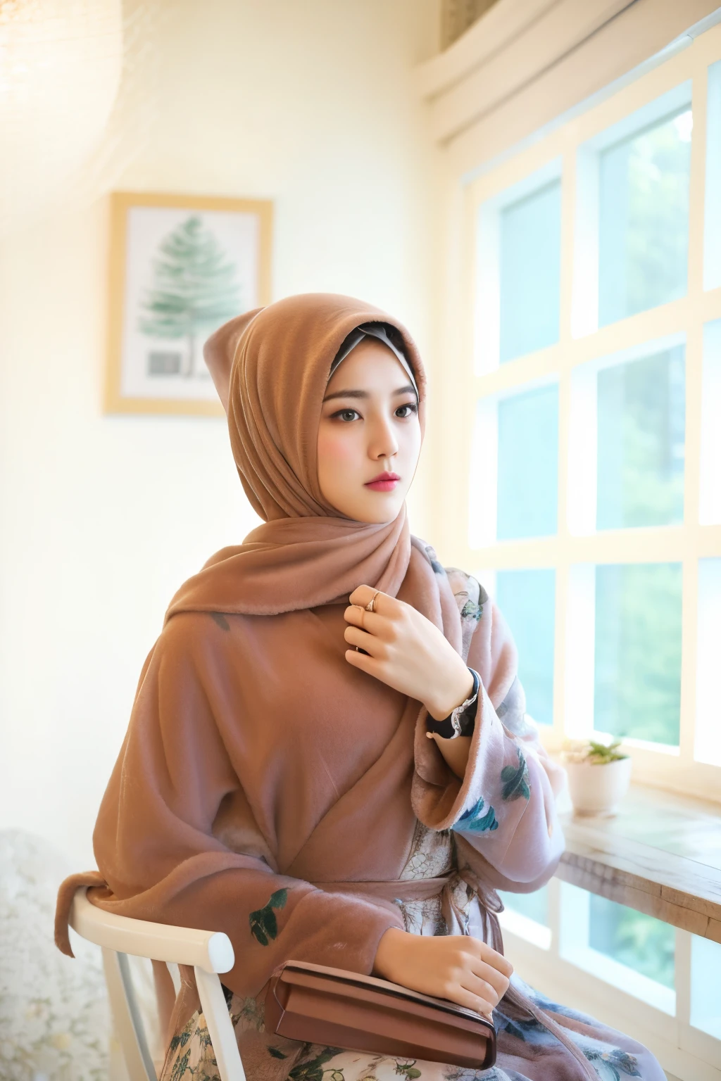Korean girl, beautiful girl in hijab, 19 year old girl, perfect face, expressive eyes, makeup, eyeshadow, eyeliner, luxurious hijab, patterned hijab, hijab decoration, brooch, shiny lips, smile, dimple, 