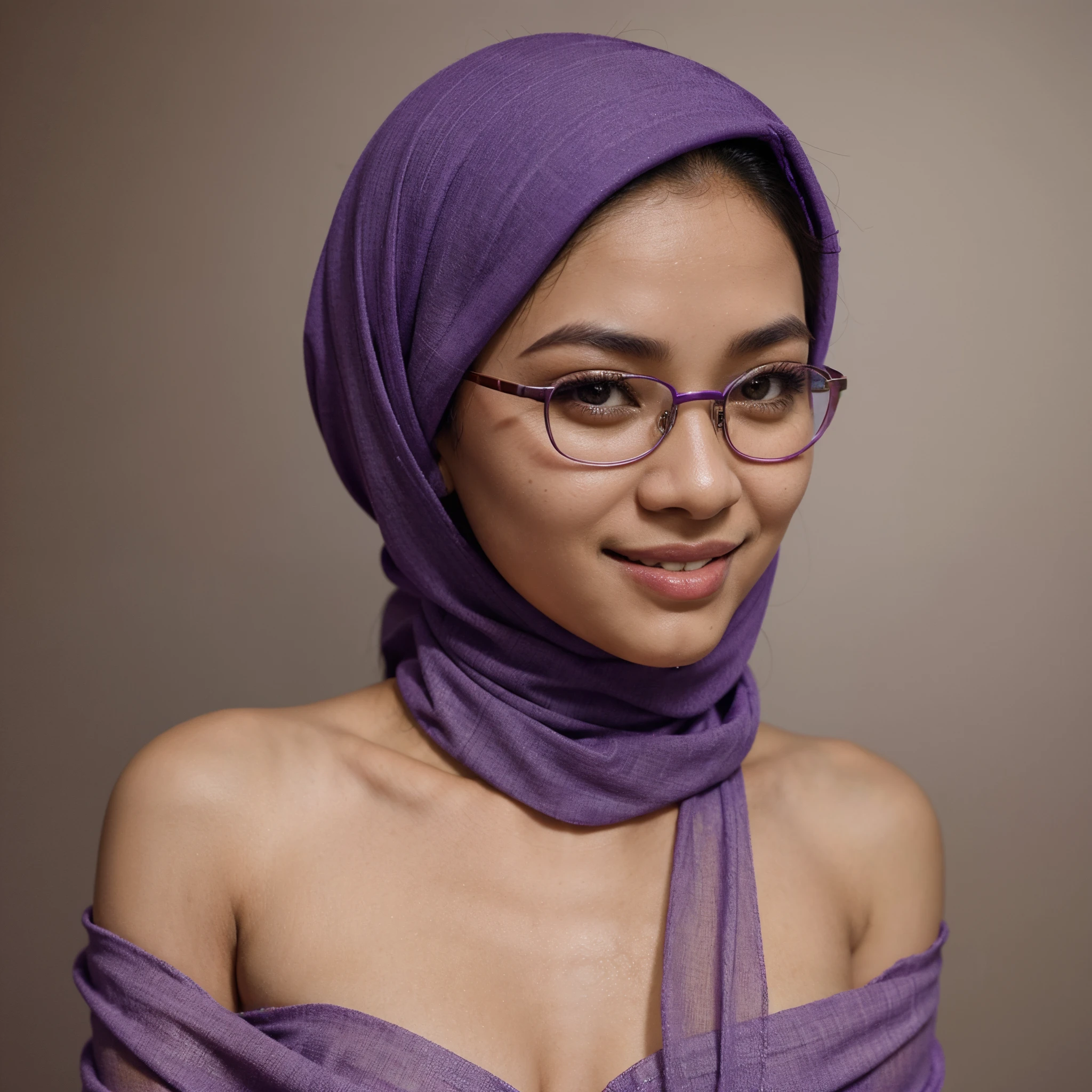 Generate an image of a beatiful indonesian woman wearing pastle purple hijab, eyeglasses, thin eyebrows, smile, portrait, detailed