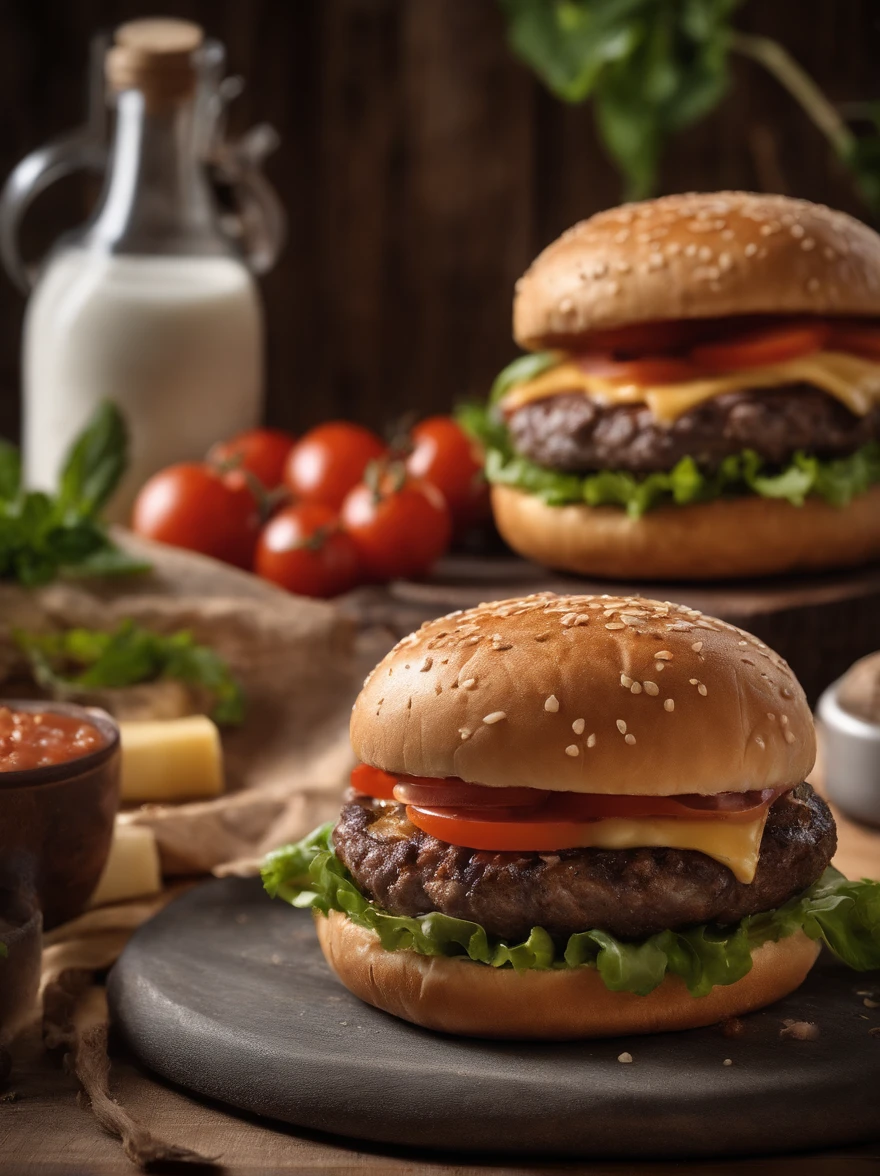 two hamburgers with cheese, onions, and tomatoes on a wooden cutting board, hamburgers, serving burgers, operating on burgers, high quality food photography, cheeseburger, shutterstock, big juicy burger, professional food photography, burger, eating burgers, hamburger, burger on a plate, food commercial 4 k, burger with a mouth, by Dietmar Damerau